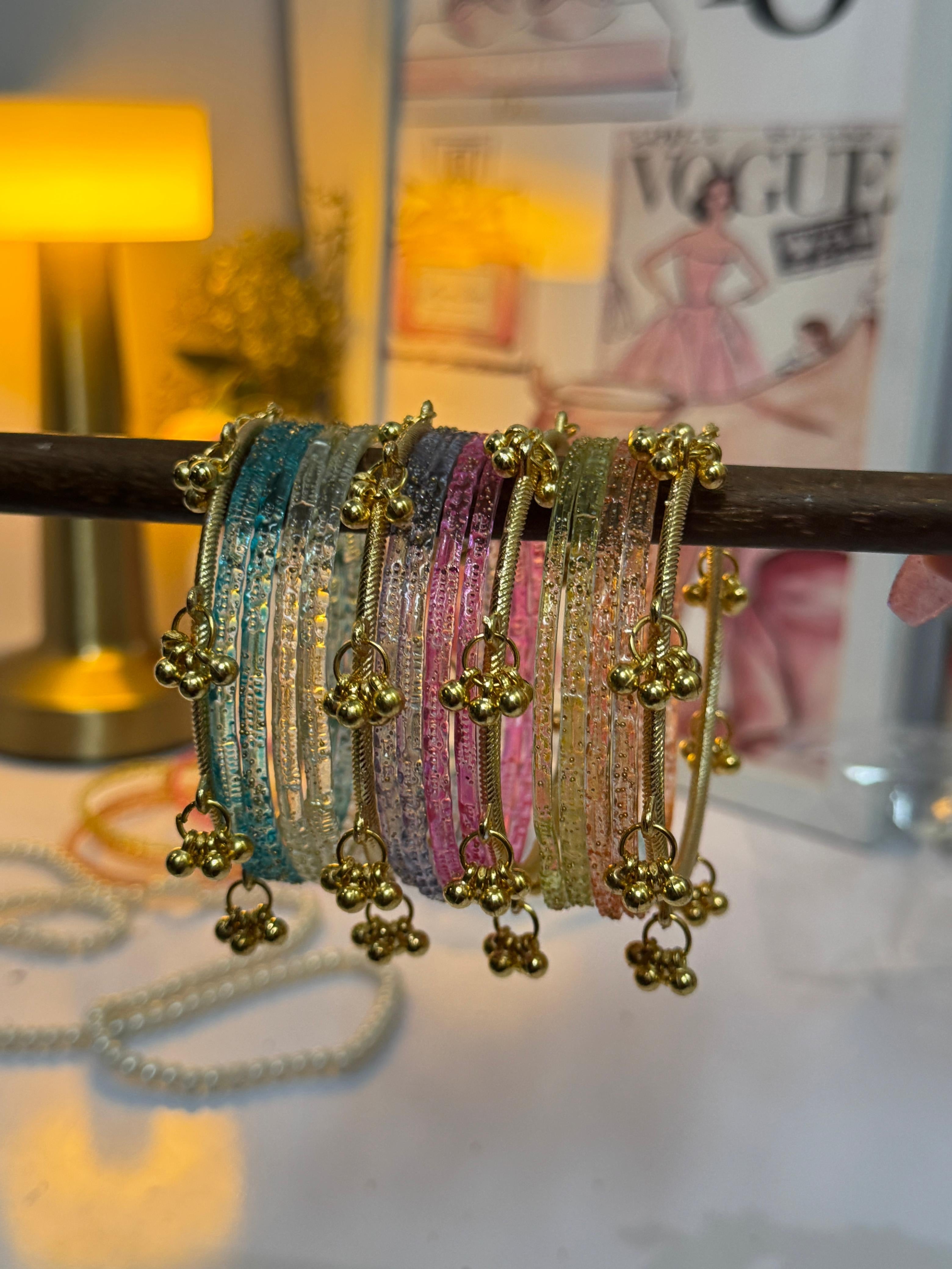 Rain Drop Pattern Multi Glass Bangle Set with ghungro bangles