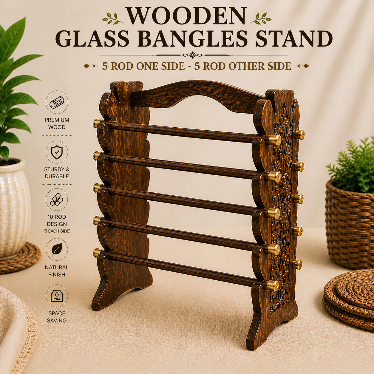 Wooden Glass Bangles Stand | Multi-Purpose Jewelry Organizer Rack | Premium Wooden Bangle Holder (4/6/8/10/12 Rod Design)