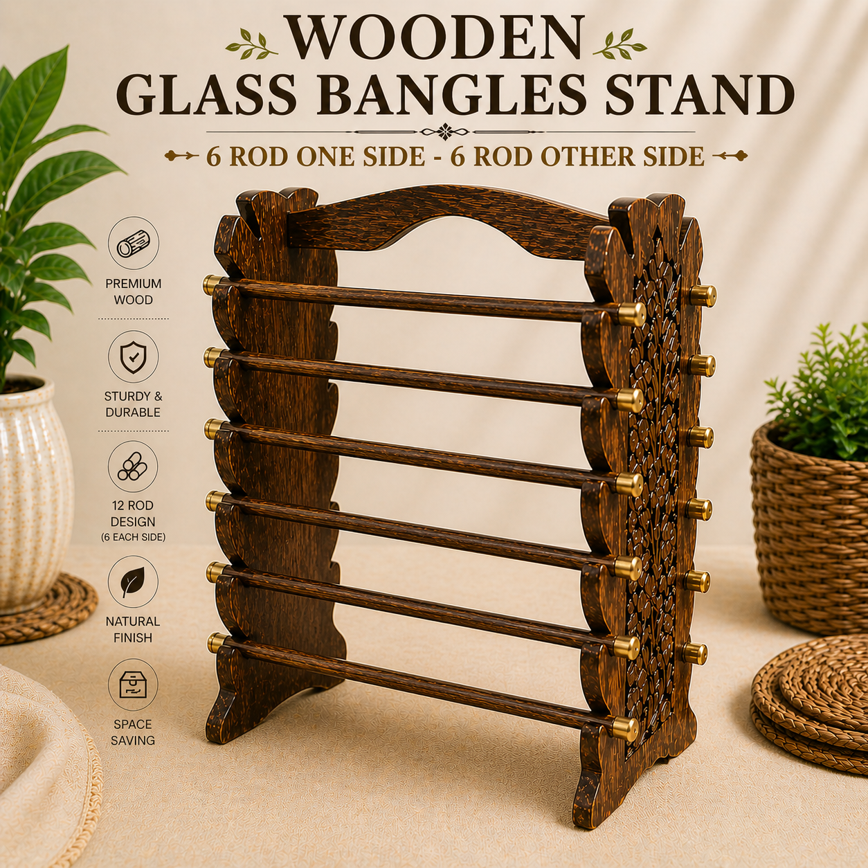 Wooden Glass Bangles Stand | Multi-Purpose Jewelry Organizer Rack | Premium Wooden Bangle Holder (4/6/8/10/12 Rod Design)