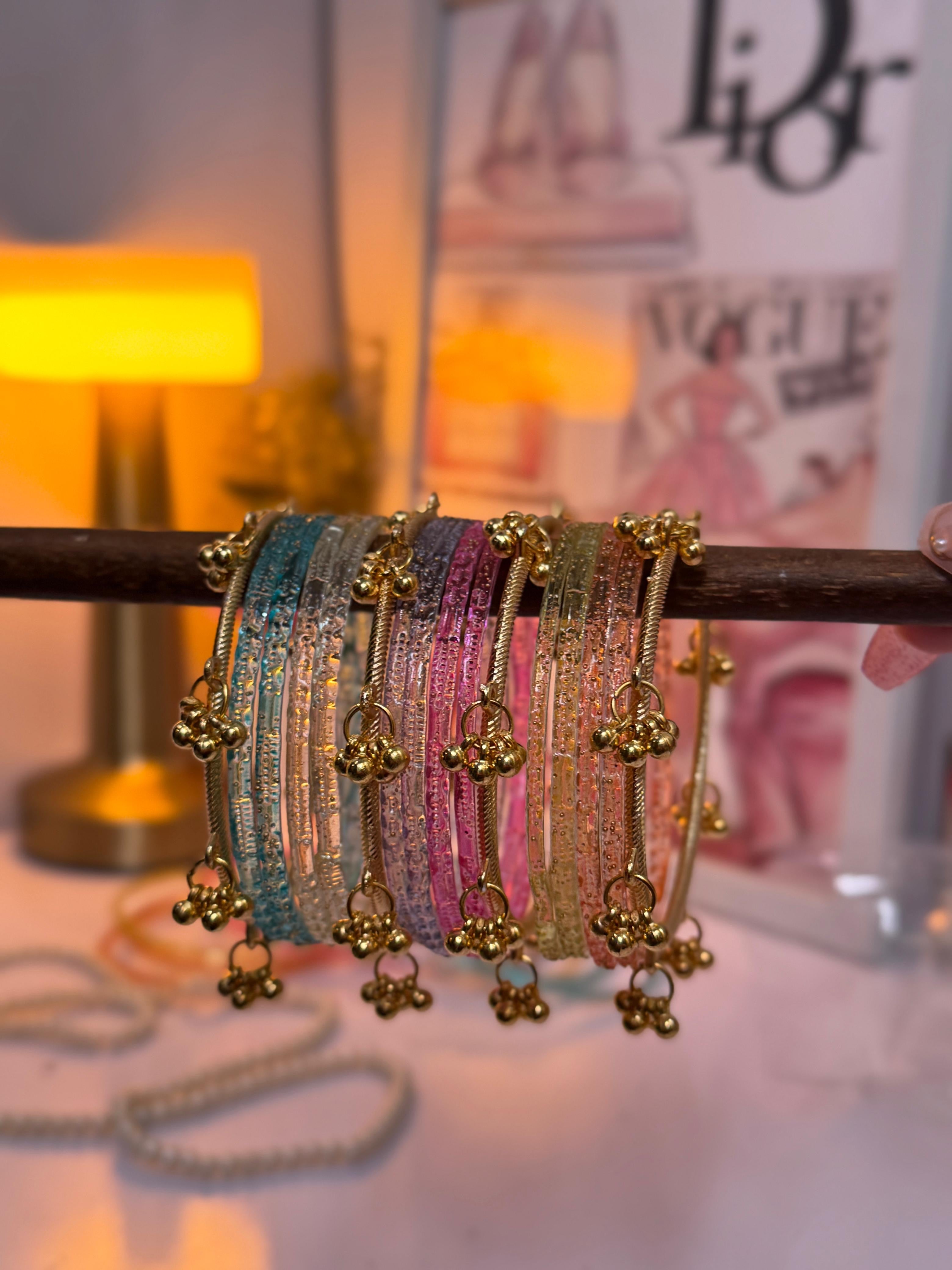 Rain Drop Pattern Multi Glass Bangle Set with ghungro bangles