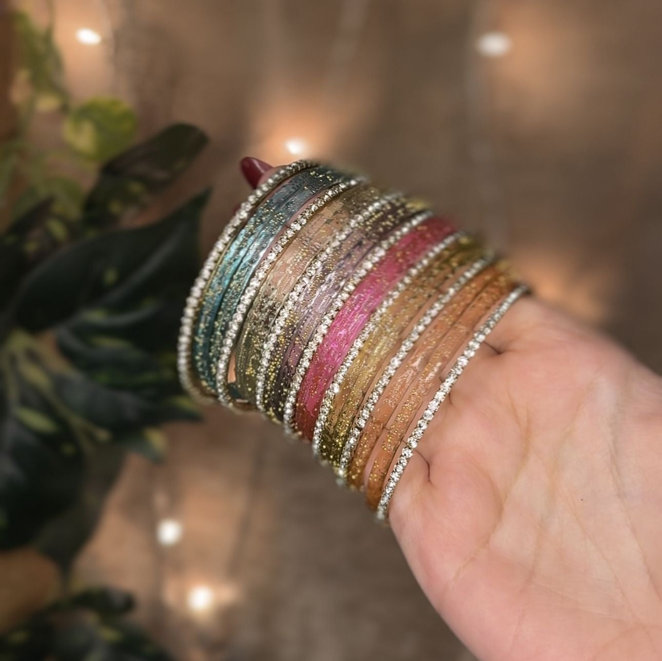 Rain Drop Multi Glass Bangles with silver bangles– Set of 12