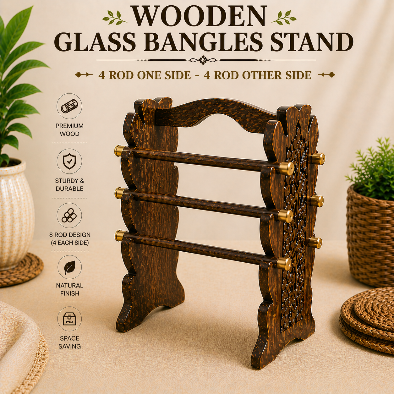 Wooden Glass Bangles Stand | Multi-Purpose Jewelry Organizer Rack | Premium Wooden Bangle Holder (4/6/8/10/12 Rod Design)