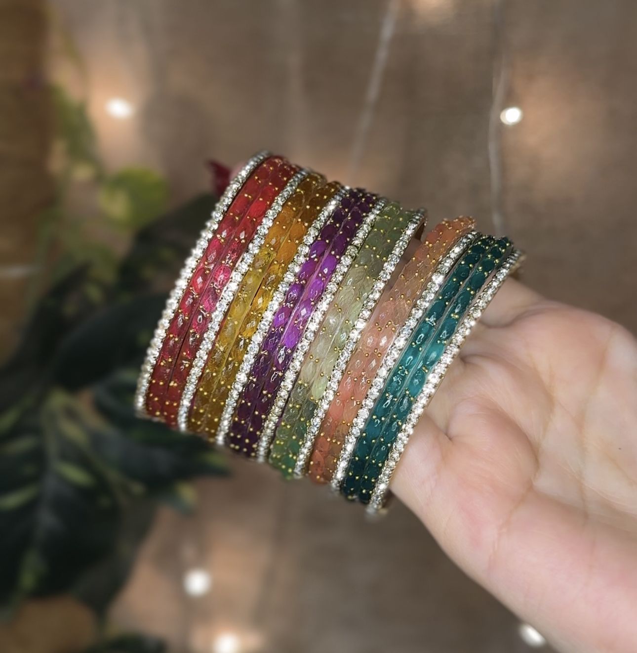 Rain Drop Multi Glass Bangles with silver bangles– Set of 12