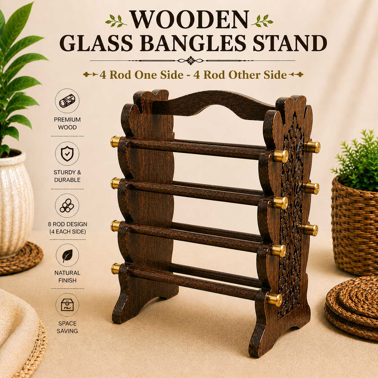 Wooden Glass Bangles Stand | Multi-Purpose Jewelry Organizer Rack | Premium Wooden Bangle Holder (4/6/8/10/12 Rod Design)