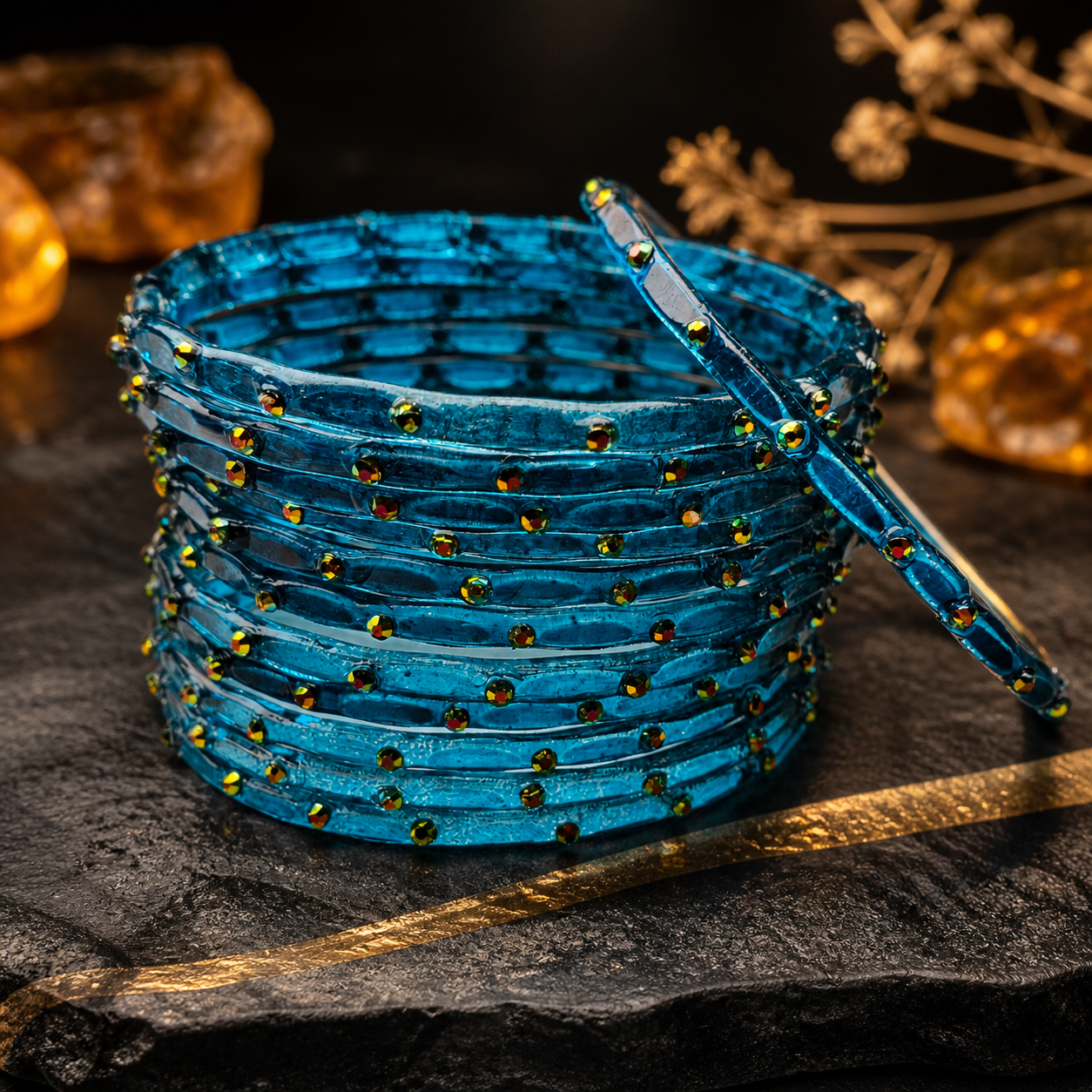 Golden Stone Jelly Bangles | Transparent Crystal Look Stackable Bangles Set | 12 Bangles Set