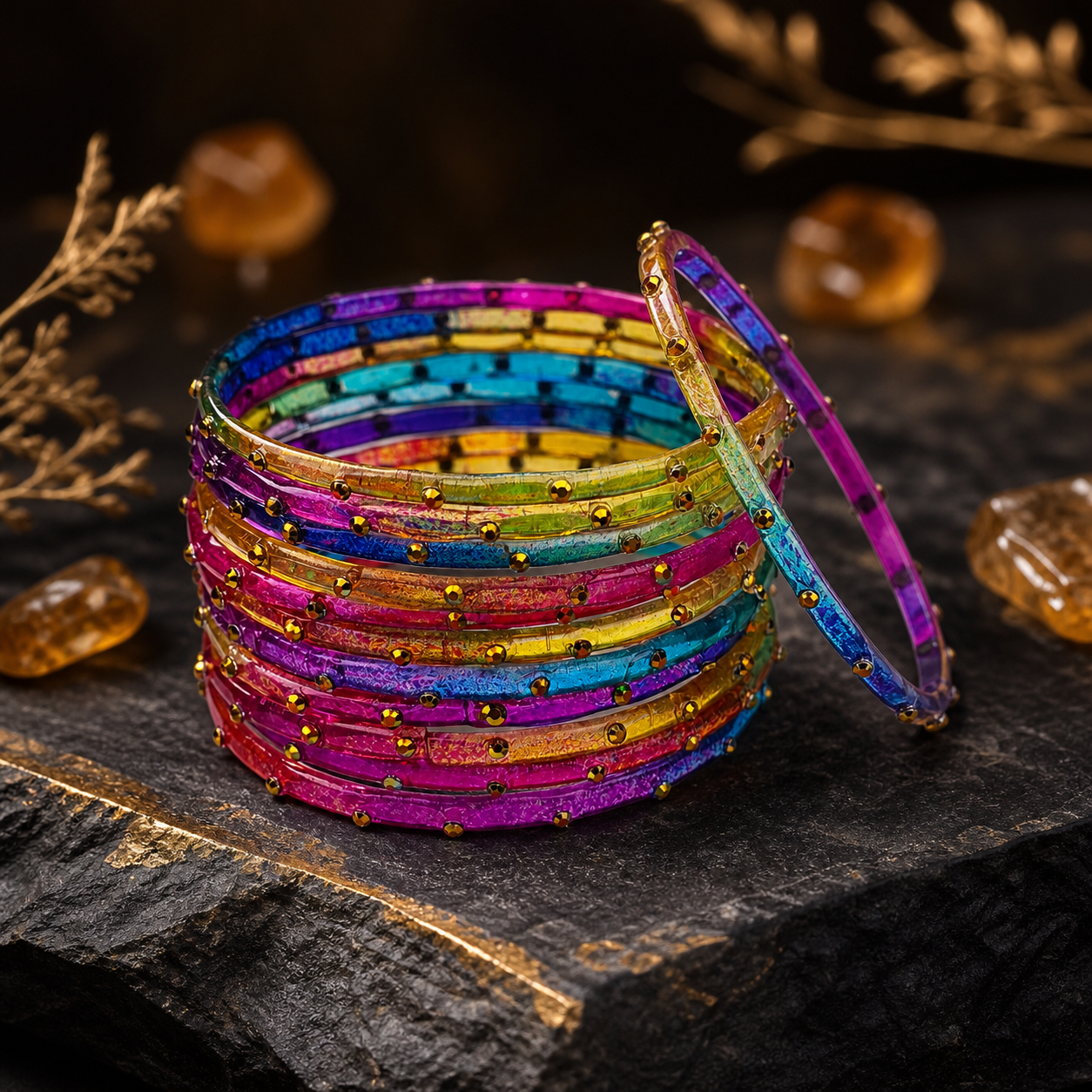 Golden Stone Jelly Bangles | Transparent Crystal Look Stackable Bangles Set | 12 Bangles Set