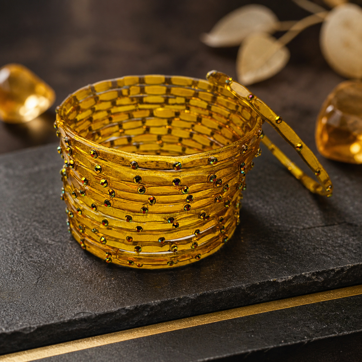 Golden Stone Jelly Bangles | Transparent Crystal Look Stackable Bangles Set | 12 Bangles Set