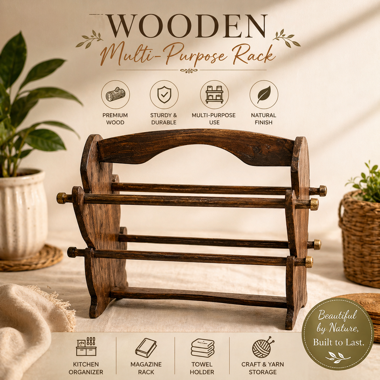 Wooden Glass Bangles Stand | Multi-Purpose Jewelry Organizer Rack | Premium Wooden Bangle Holder (4/6/8/10/12 Rod Design)
