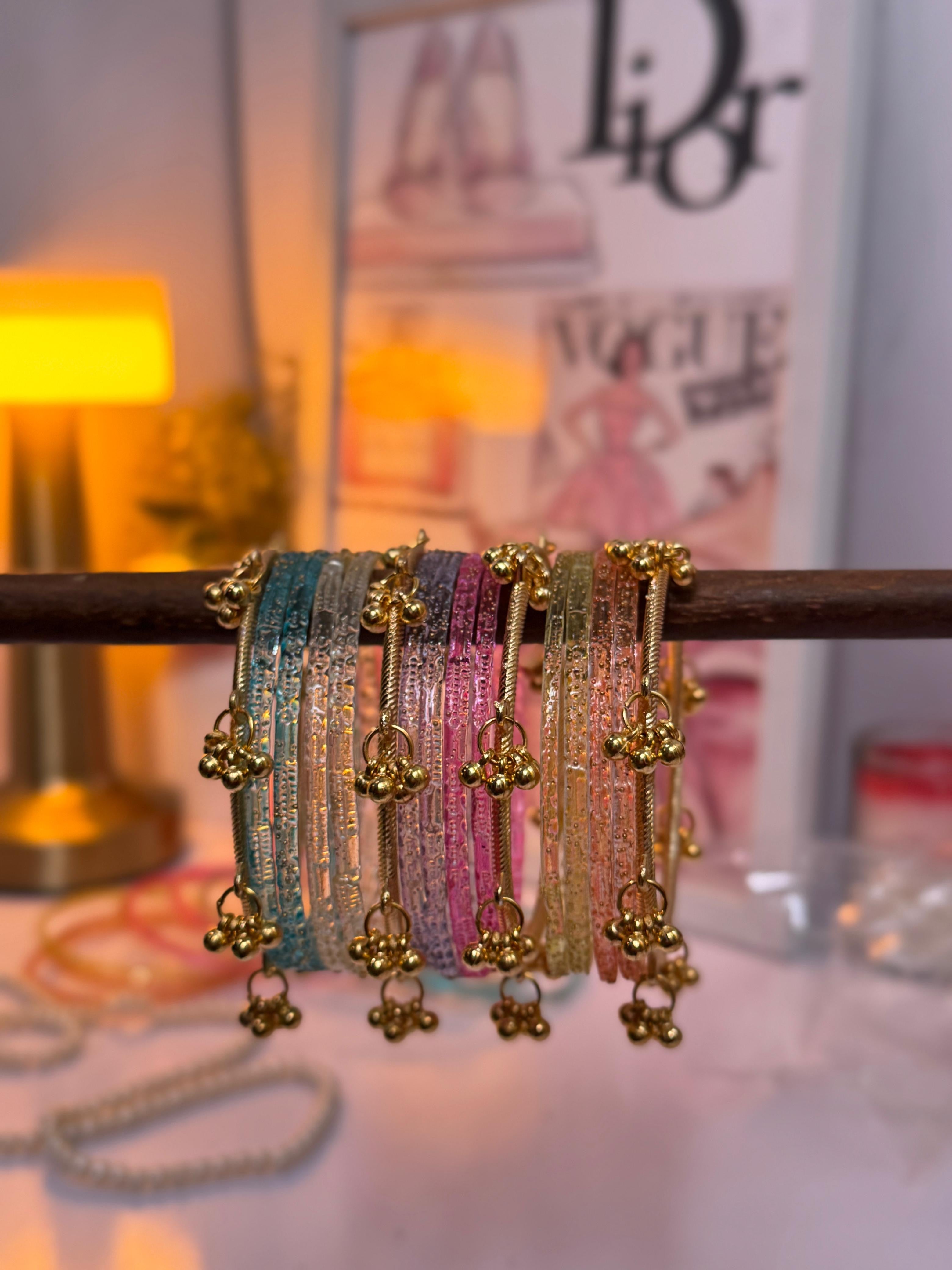 Kashmiri Multi Glass Bangles Set with ghungro Bangles