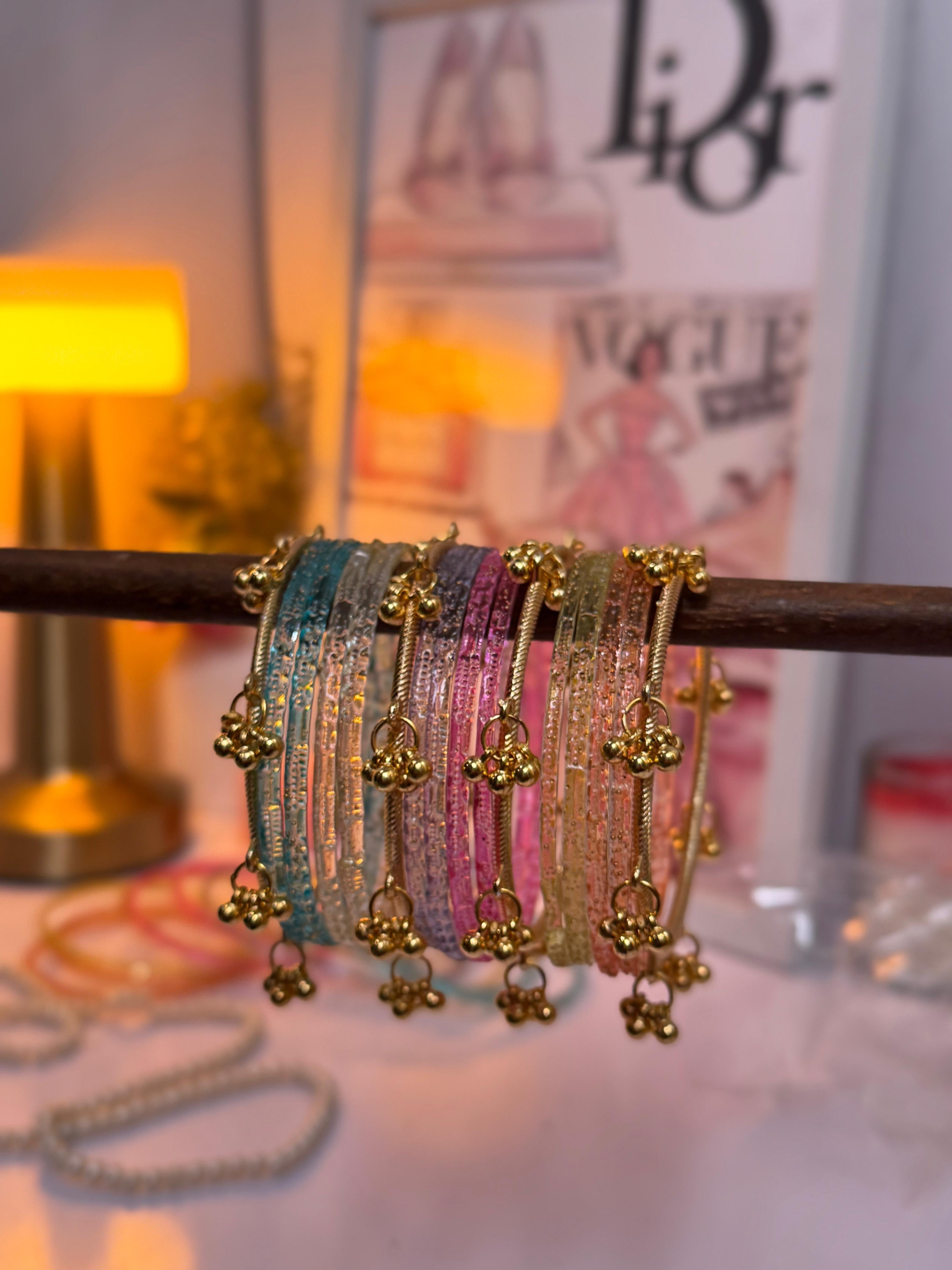 Kashmiri Multi Glass Bangles Set with ghungro Bangles