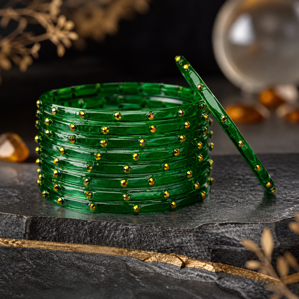 Golden Stone Jelly Bangles | Transparent Crystal Look Stackable Bangles Set | 12 Bangles Set