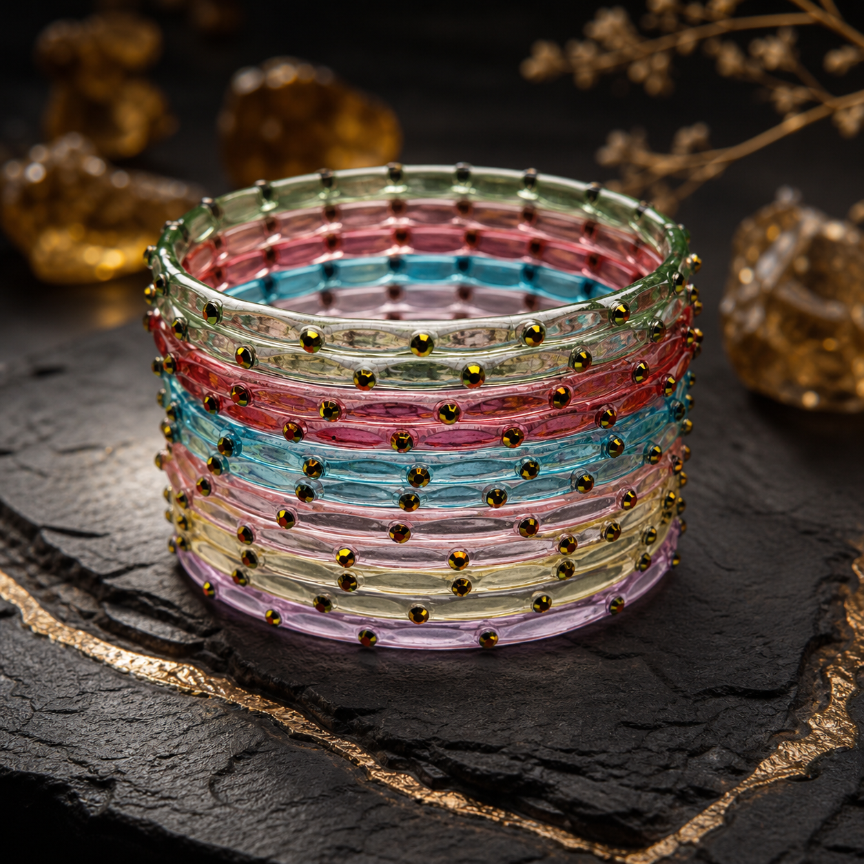 Golden Stone Jelly Bangles | Transparent Crystal Look Stackable Bangles Set | 12 Bangles Set
