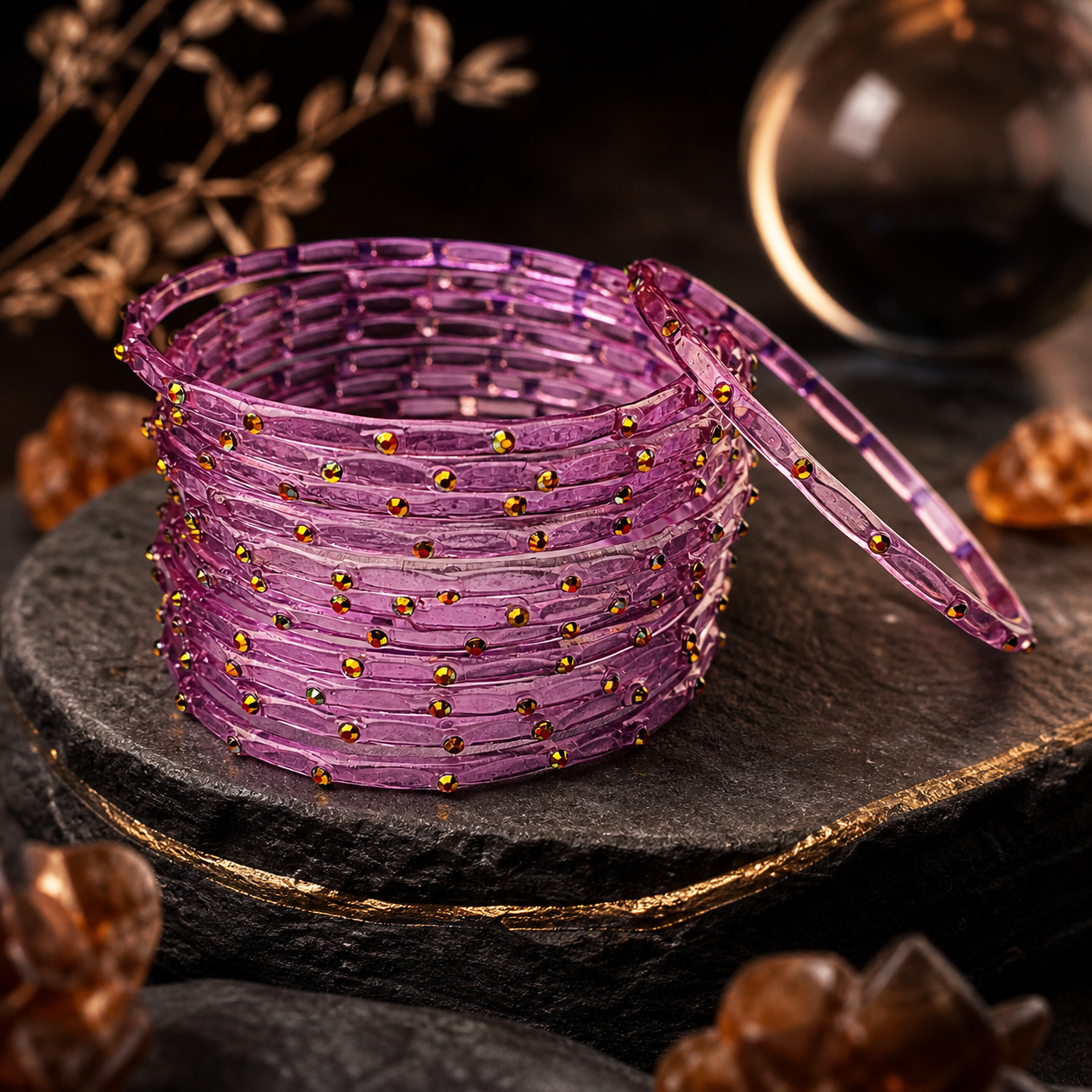 Golden Stone Jelly Bangles | Transparent Crystal Look Stackable Bangles Set | 12 Bangles Set