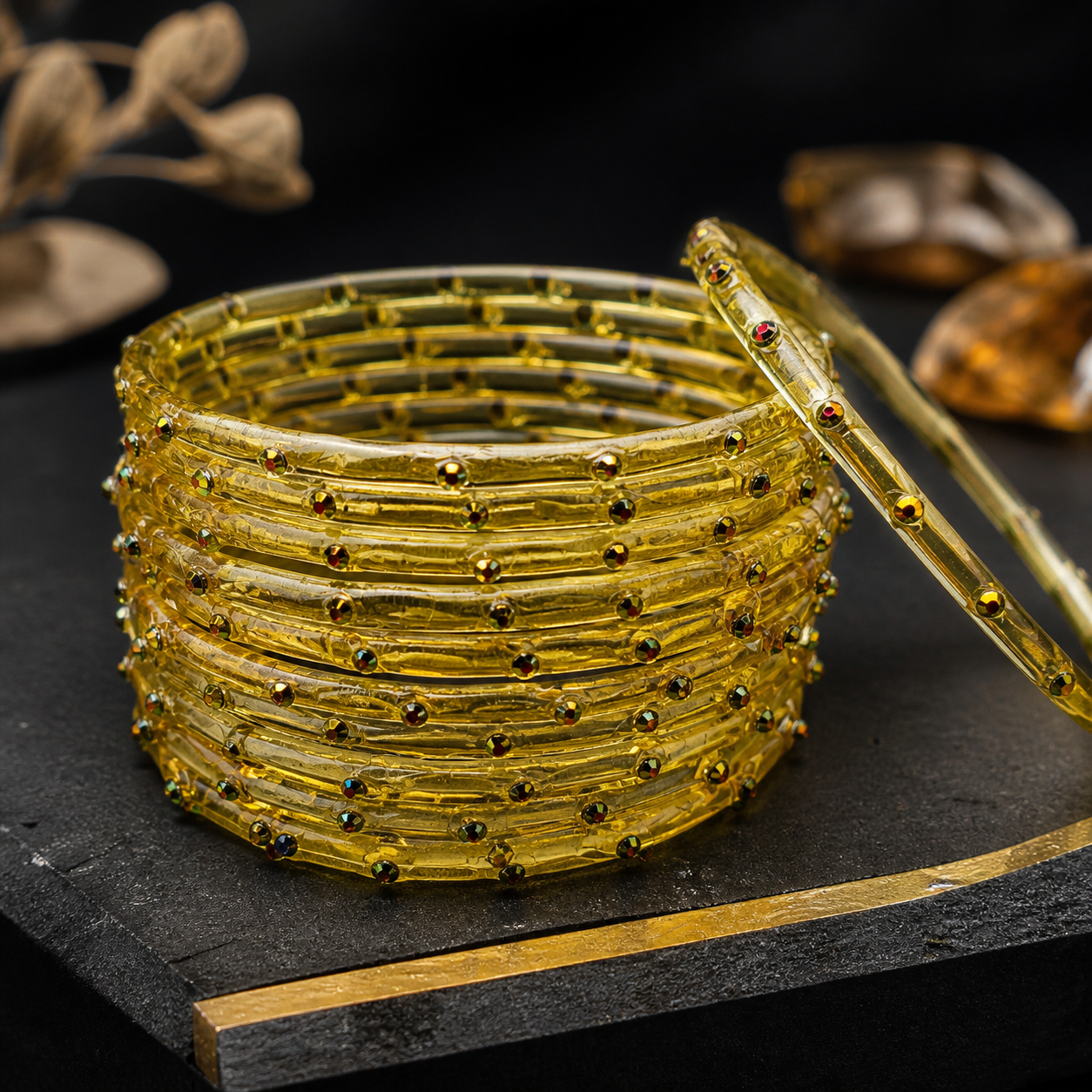 Golden Stone Jelly Bangles | Transparent Crystal Look Stackable Bangles Set | 12 Bangles Set