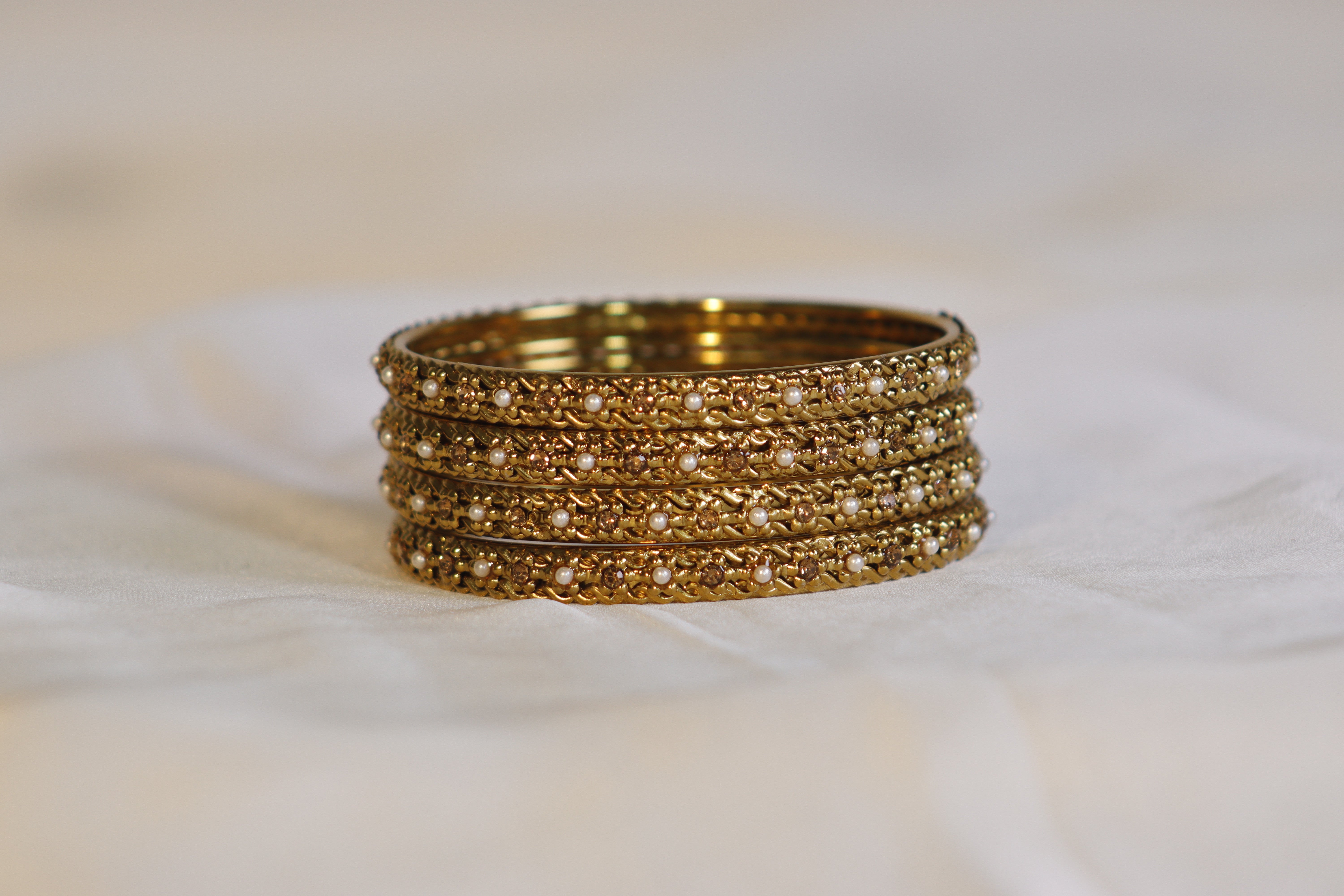 Golden Kara Bangles with Gold & White Stones and Beads – Traditional Set