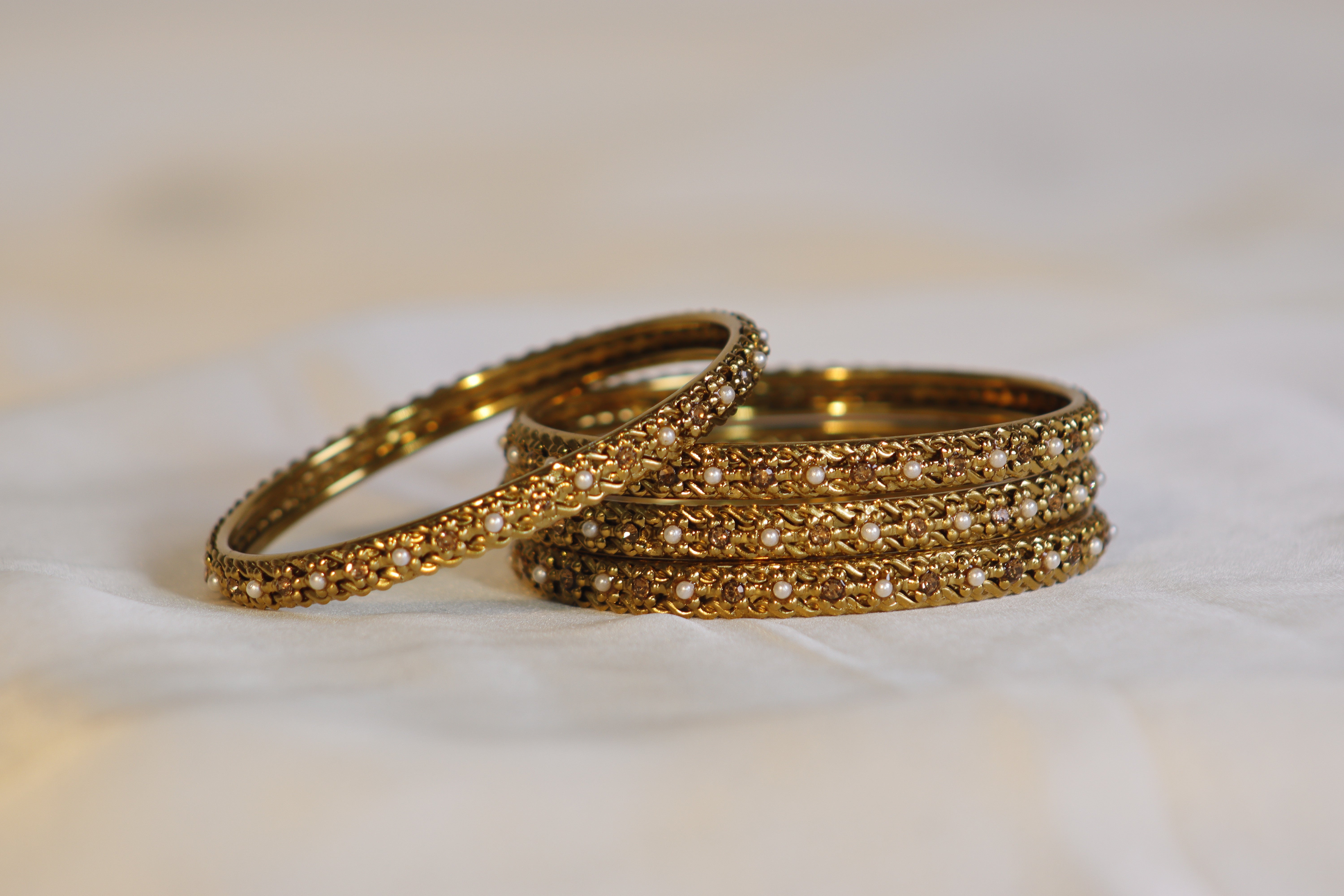 Golden Kara Bangles with Gold & White Stones and Beads – Traditional Set