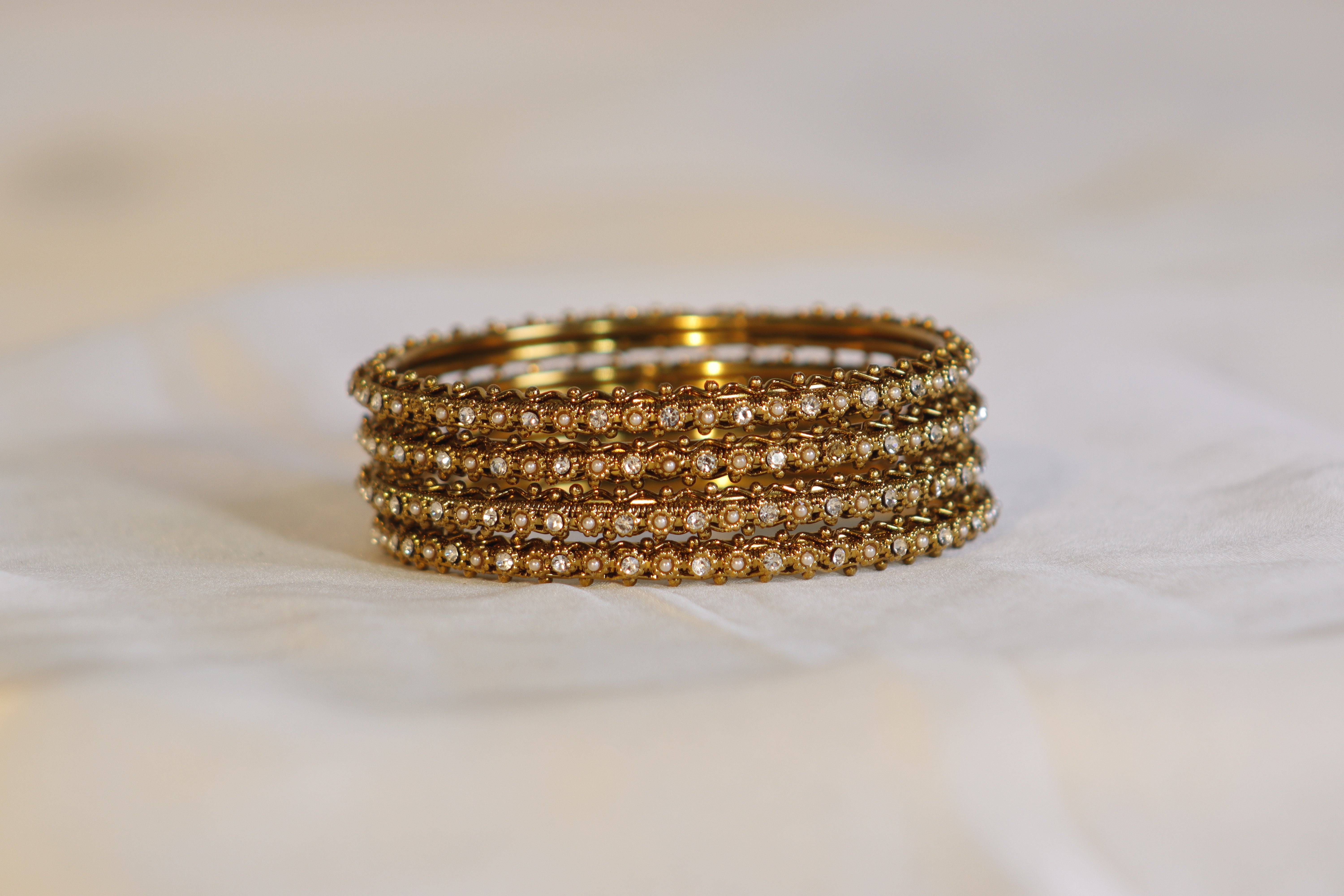 Golden Flower Kara Bangles with White Stones & Beads – Classic & Traditional