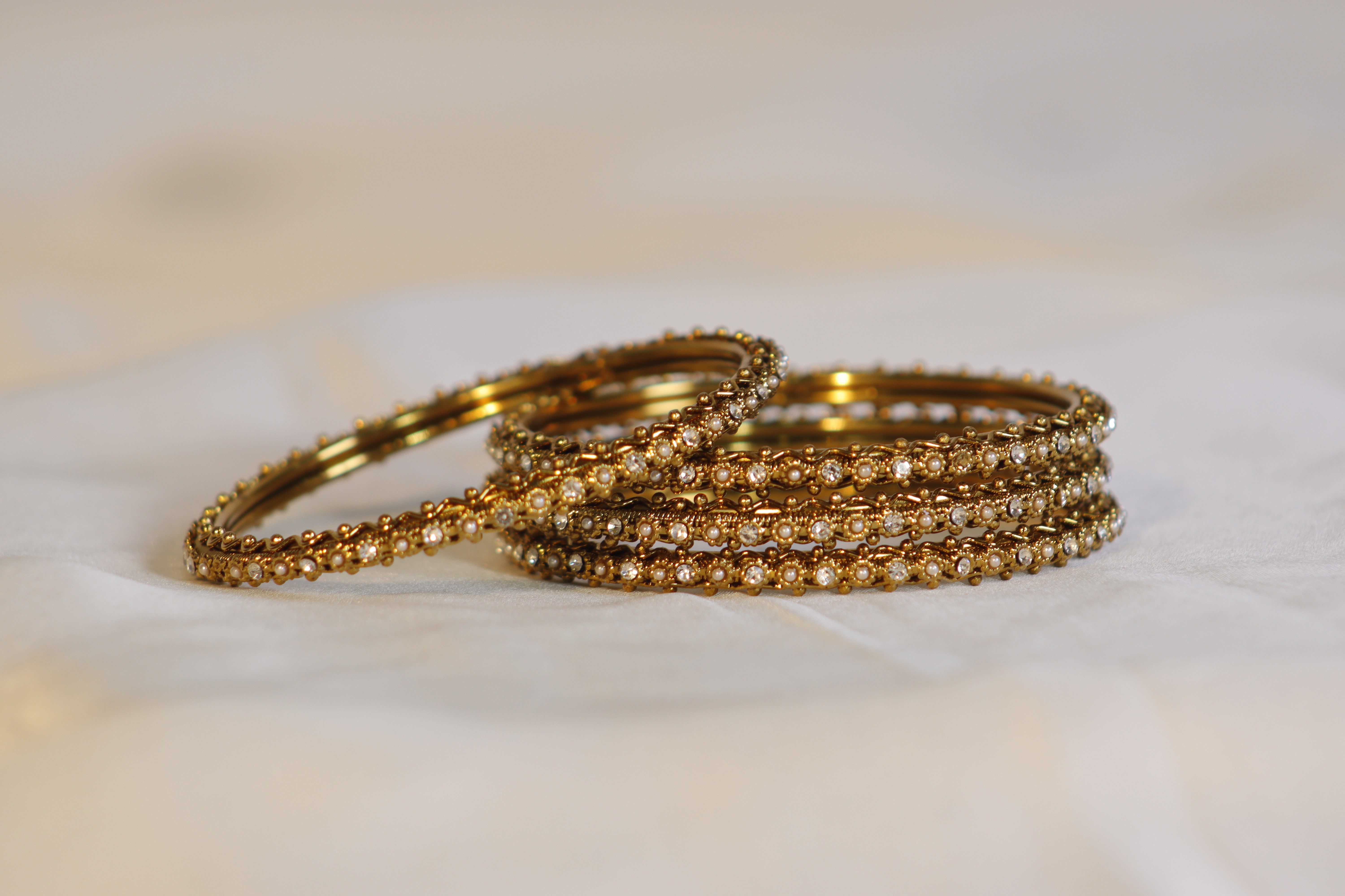 Golden Flower Kara Bangles with White Stones & Beads – Classic & Traditional