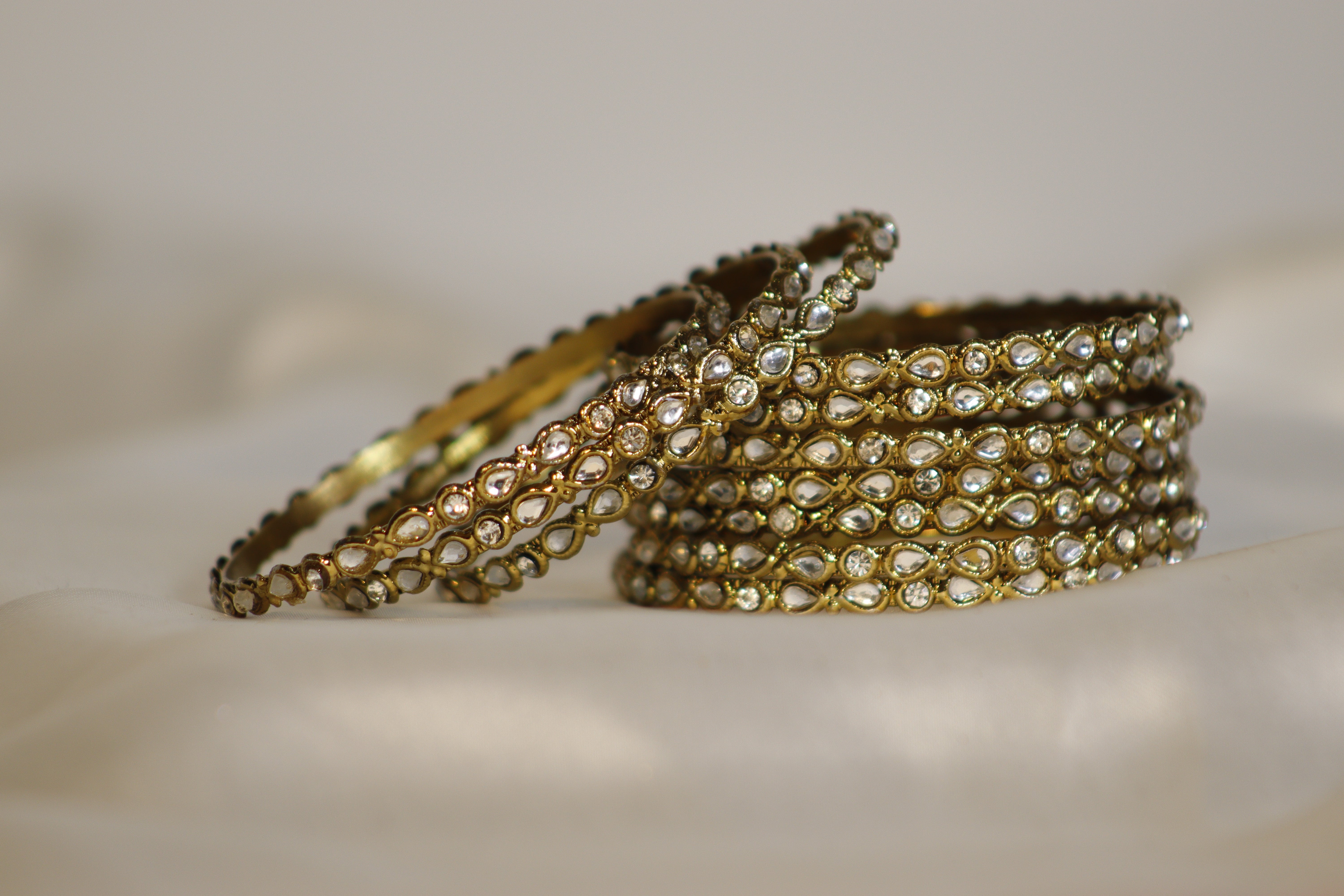 Kara Metal Bangles with white Moti – Golden & Silver (Set of 8)