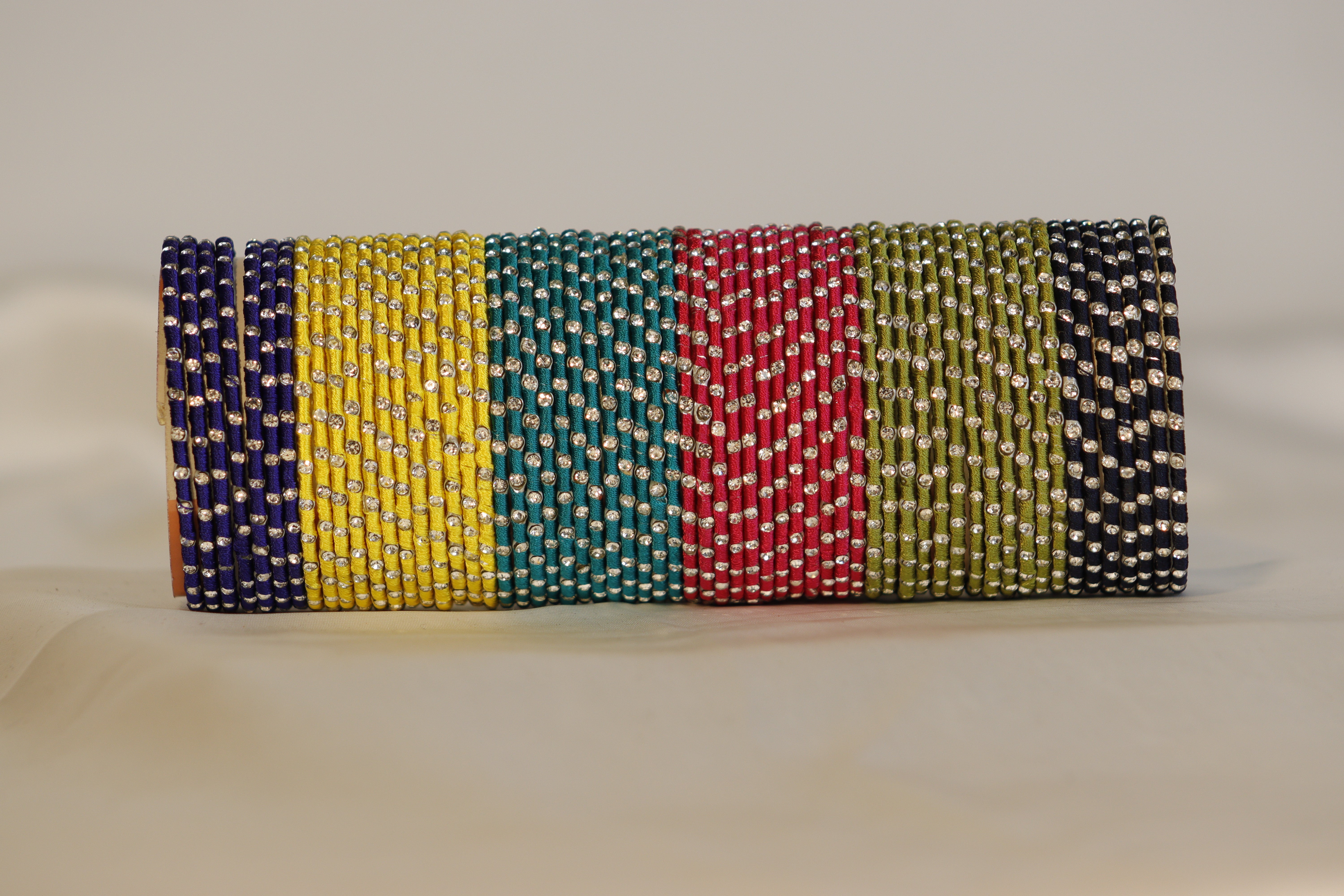 Stone-Studded Thread Metal Bangles –Set of 12 | 350/Dozen | Traditional, Trendy & Colorful