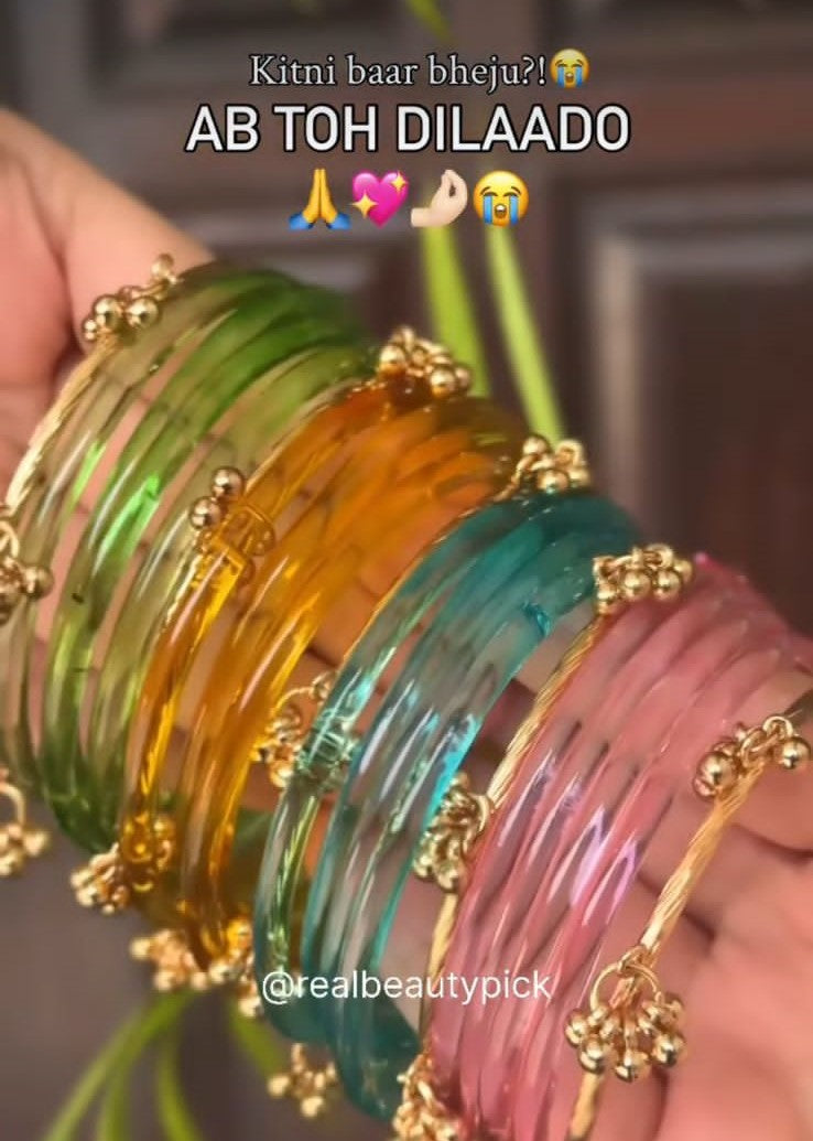 Multi Glass Bangles in soft colours & Phool Jhumka 5 Bangles – Premium Set