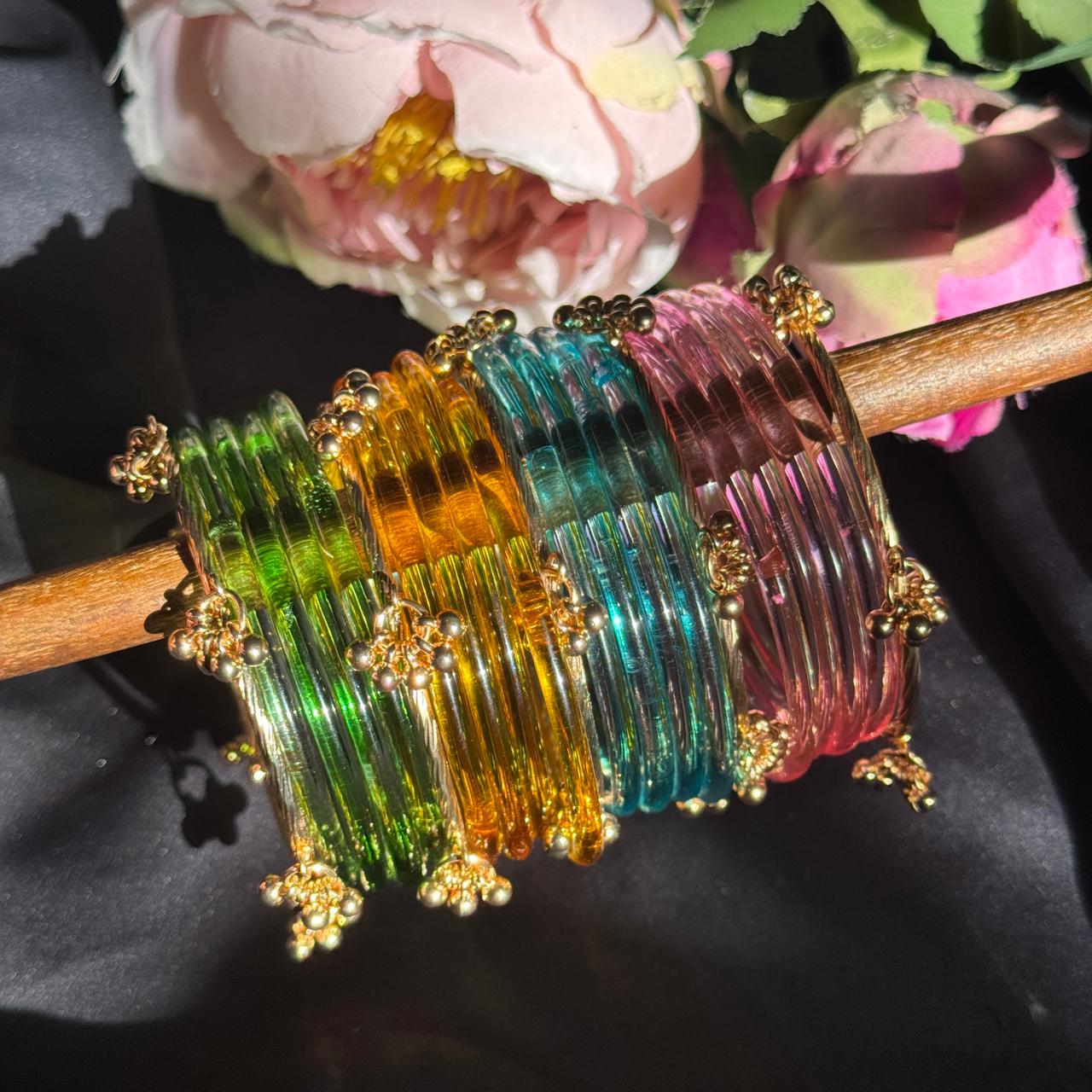 Multi Glass Bangles in soft colours & Phool Jhumka 5 Bangles – Premium Set
