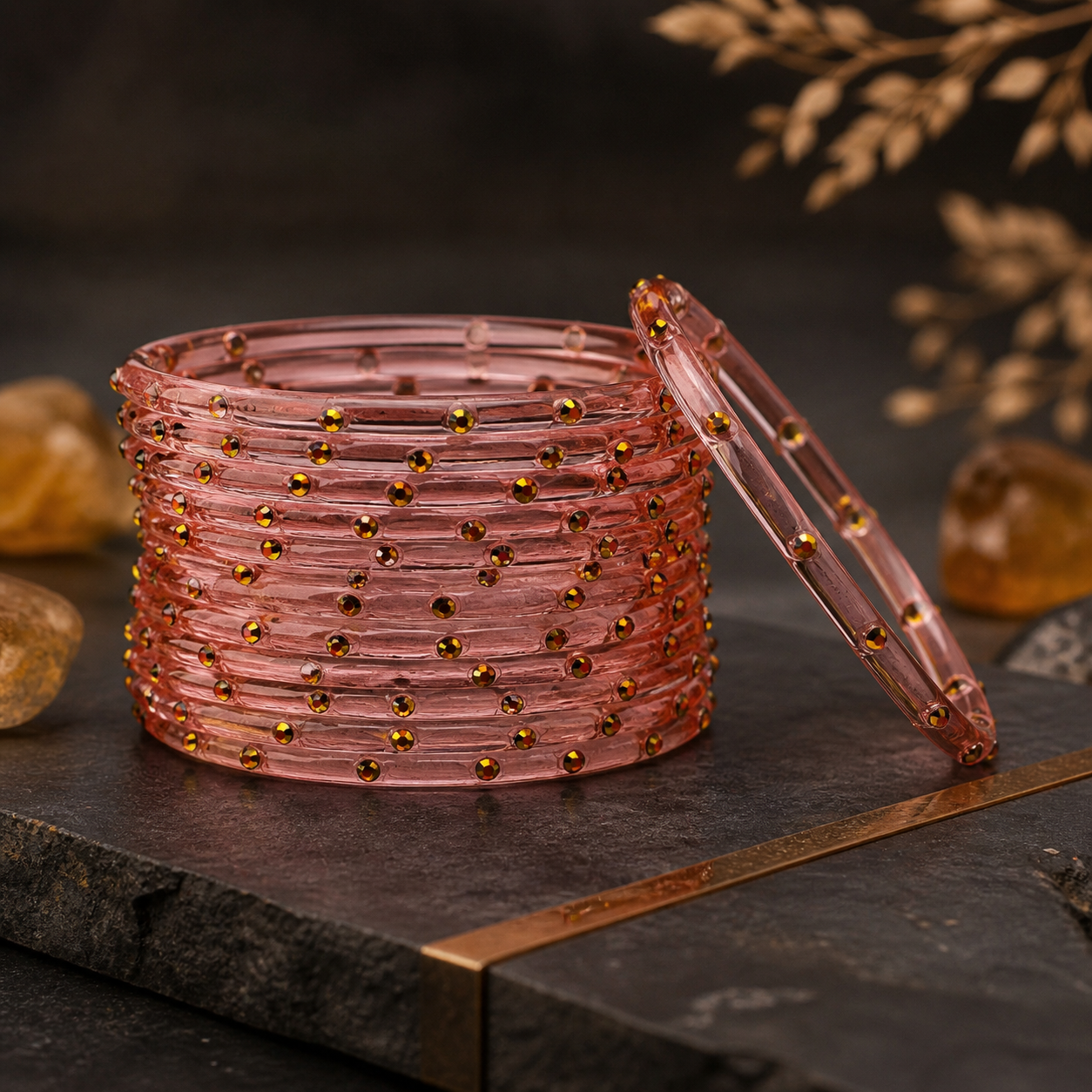Golden Stone Jelly Bangles | Transparent Crystal Look Stackable Bangles Set | 12 Bangles Set