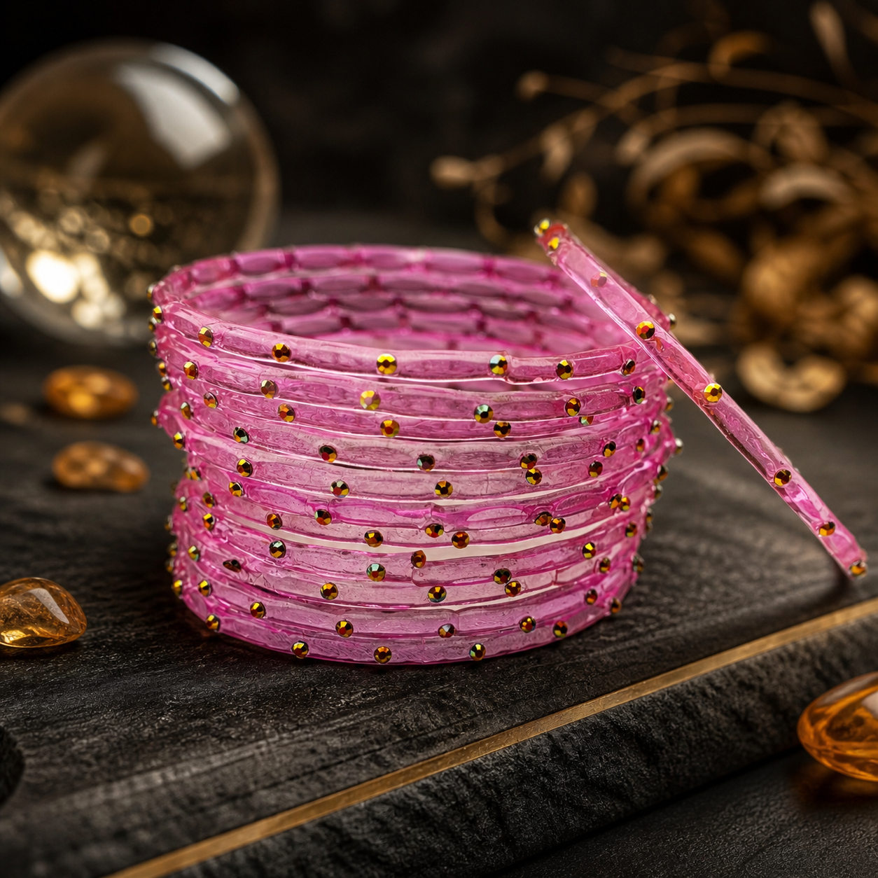 Golden Stone Jelly Bangles | Transparent Crystal Look Stackable Bangles Set | 12 Bangles Set