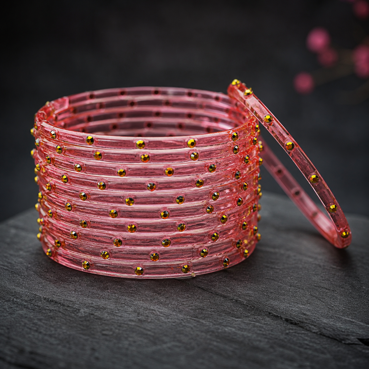 Golden Stone Jelly Bangles | Transparent Crystal Look Stackable Bangles Set | 12 Bangles Set