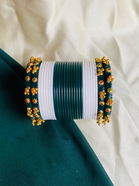Plastic Bangles with Golden Ghongro Charm – White & Green Elegance