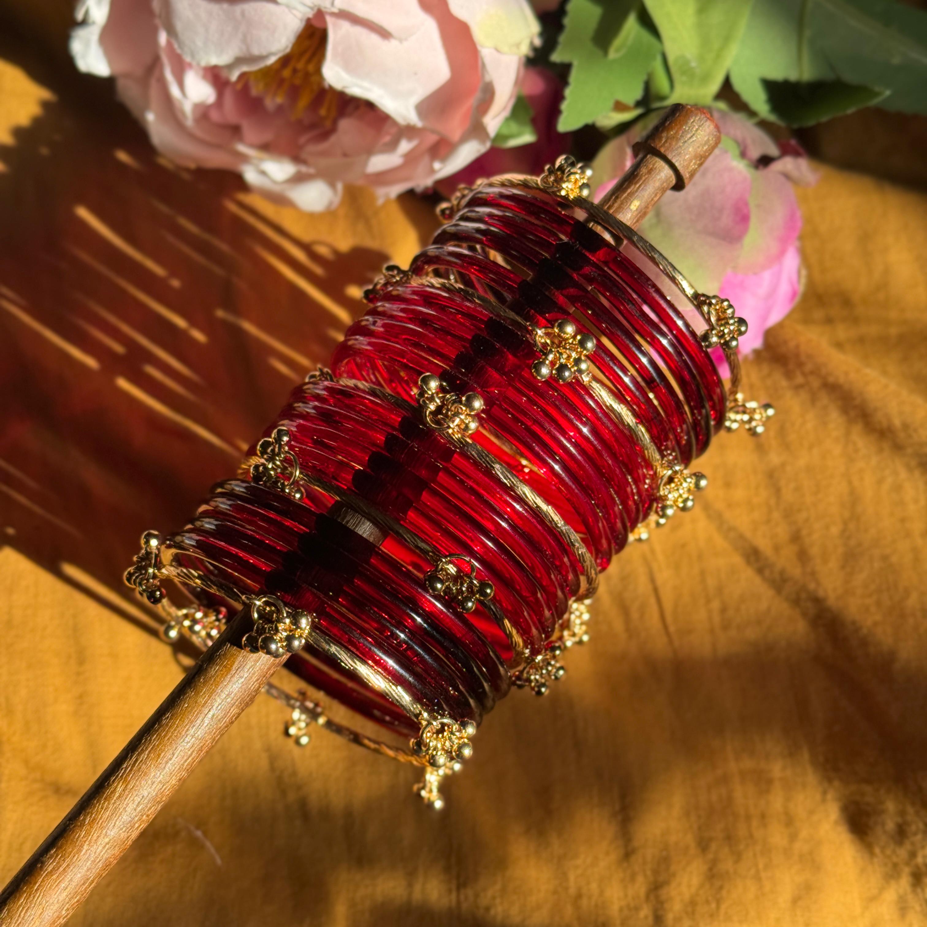 Red Glass & 5 Golden Phool Jhumka Bangles – Premium Set