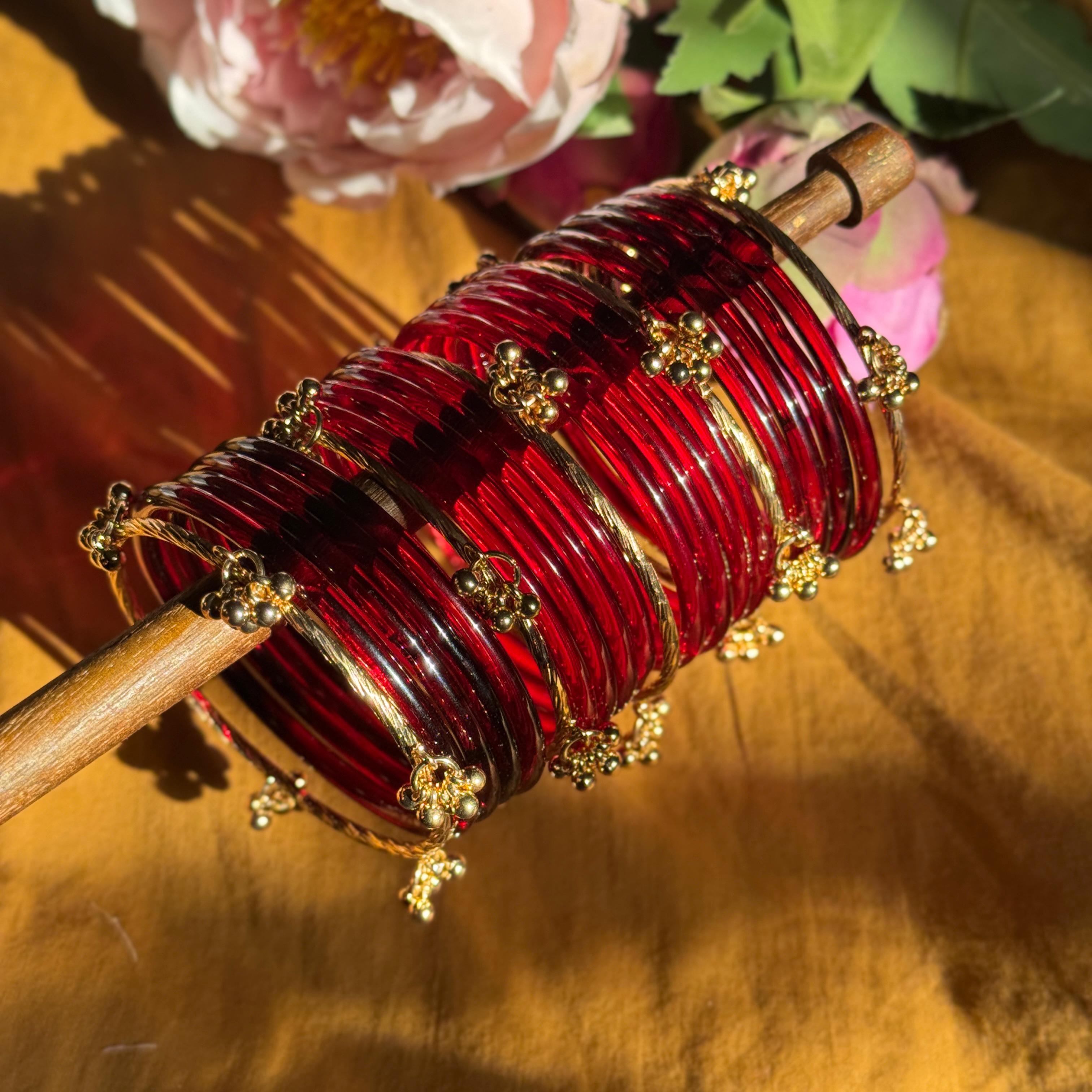 Red Glass & 5 Golden Phool Jhumka Bangles – Premium Set