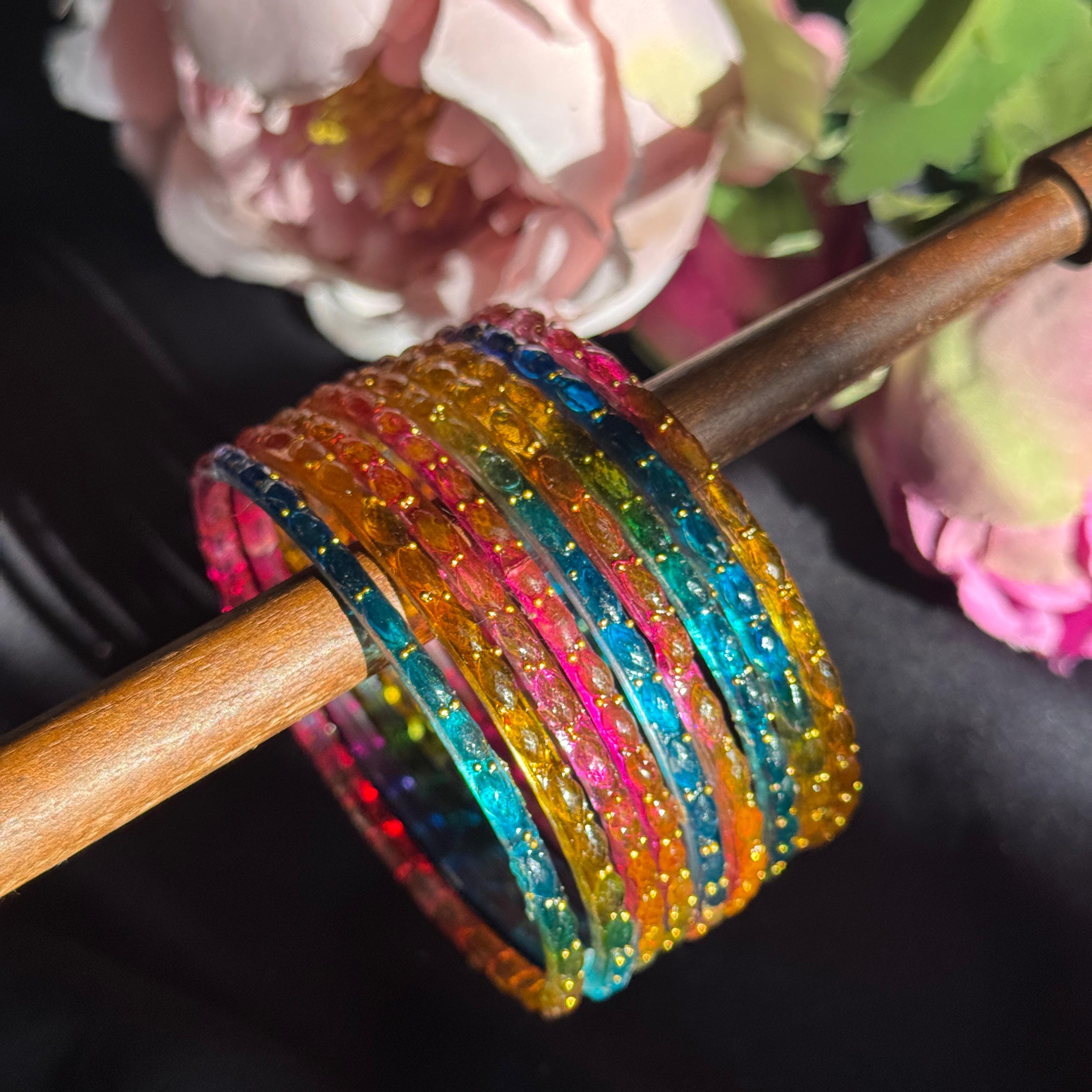 Rain Drop Multi Glass Bangles – Set of 12