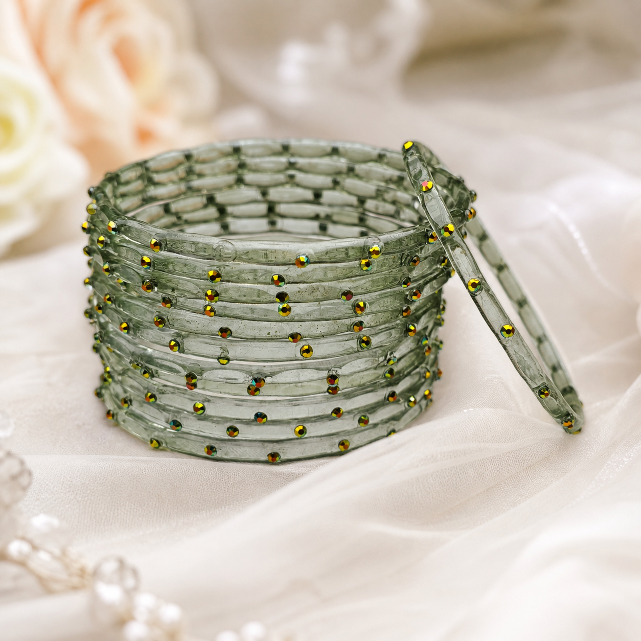 Golden Stone Jelly Bangles | Transparent Crystal Look Stackable Bangles Set | 12 Bangles Set