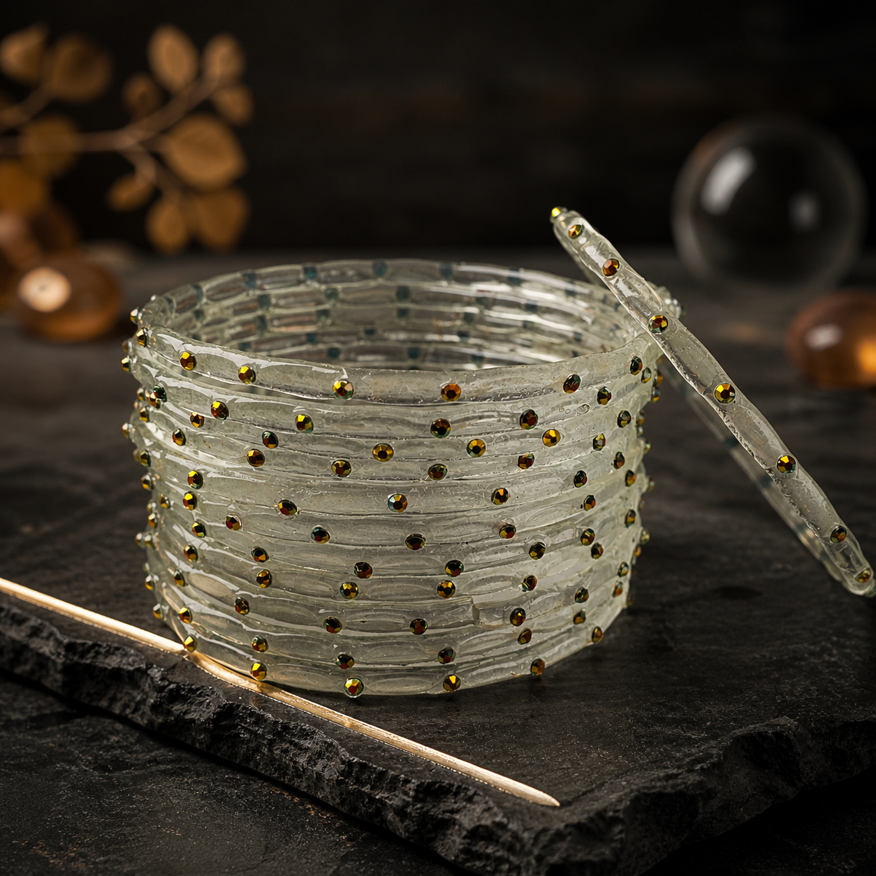 Golden Stone Jelly Bangles | Transparent Crystal Look Stackable Bangles Set | 12 Bangles Set