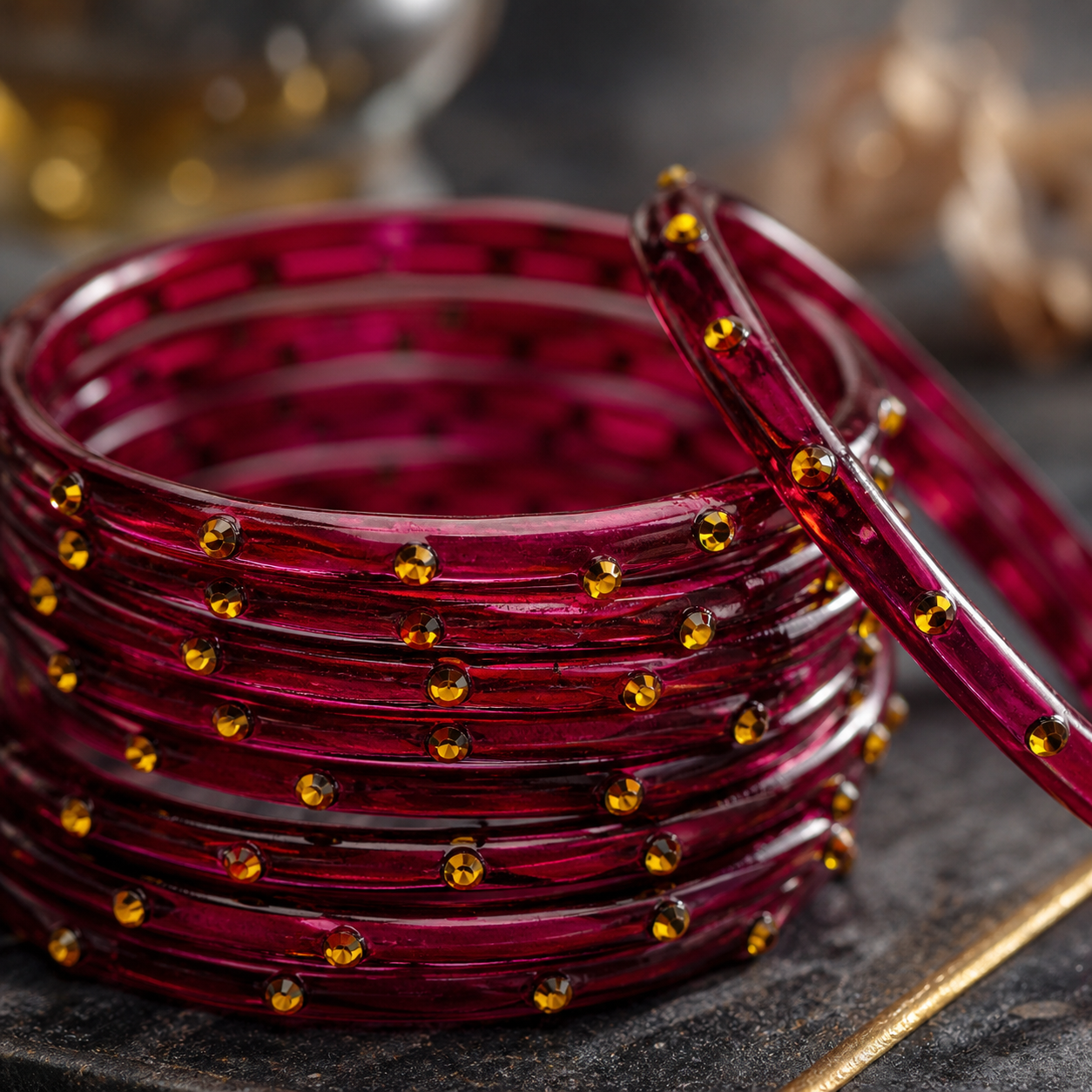 Golden Stone Jelly Bangles | Transparent Crystal Look Stackable Bangles Set | 12 Bangles Set