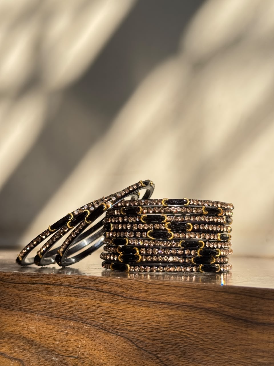 Indian Chaand Choori Glass bangles - Set of 12 | Golden Champagne Stones | Glass Bangles for Eid & Wedding