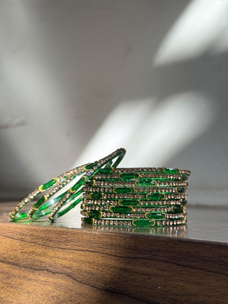 Indian Chaand Choori Glass bangles - Set of 12 | Golden Champagne Stones | Glass Bangles for Eid & Wedding