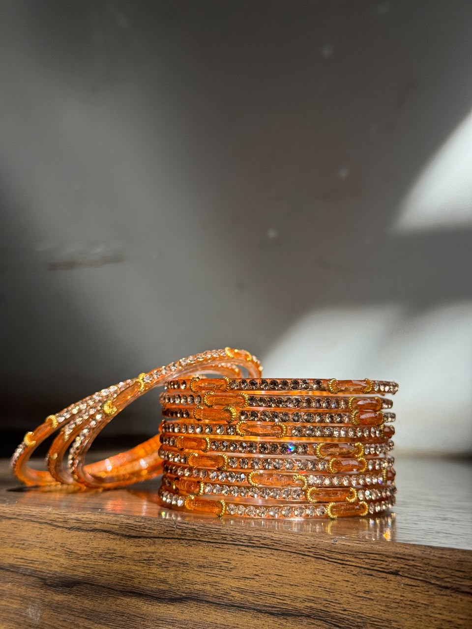 Indian Chaand Choori Glass bangles - Set of 12 | Golden Champagne Stones | Glass Bangles for Eid & Wedding