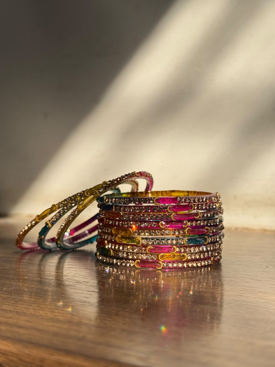 Indian Chaand Choori Glass bangles - Set of 12 | Golden Champagne Stones | Glass Bangles for Eid & Wedding