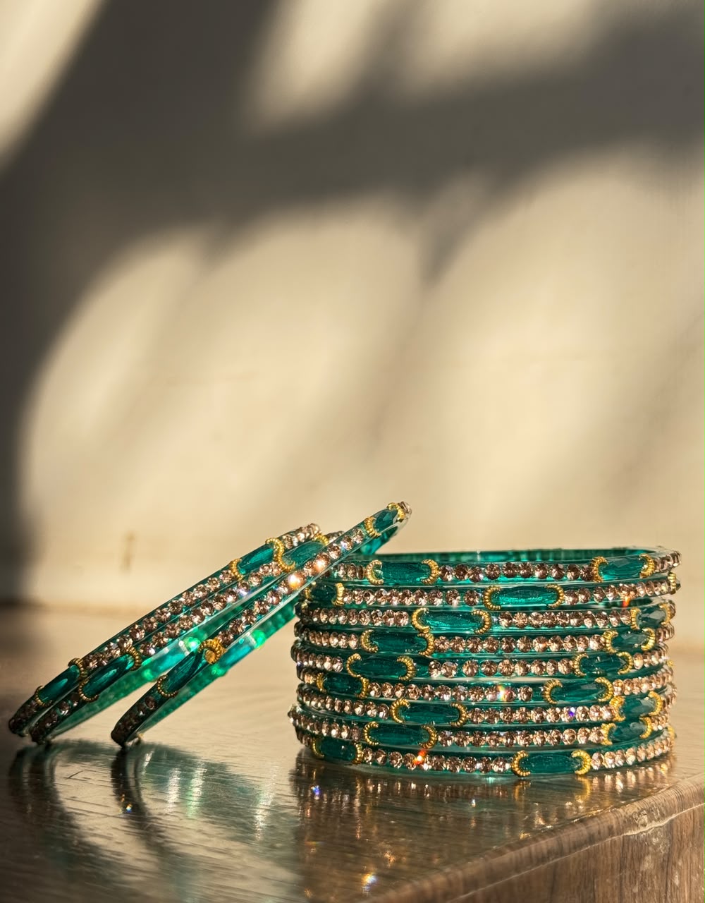 Indian Chaand Choori Glass bangles - Set of 12 | Golden Champagne Stones | Glass Bangles for Eid & Wedding