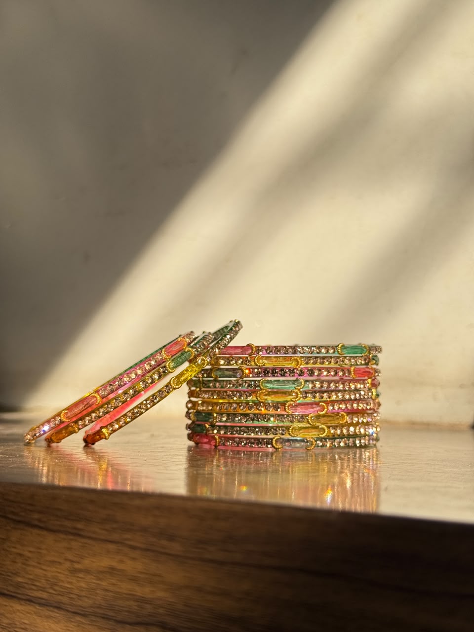 Indian Chaand Choori Glass bangles - Set of 12 | Golden Champagne Stones | Glass Bangles for Eid & Wedding