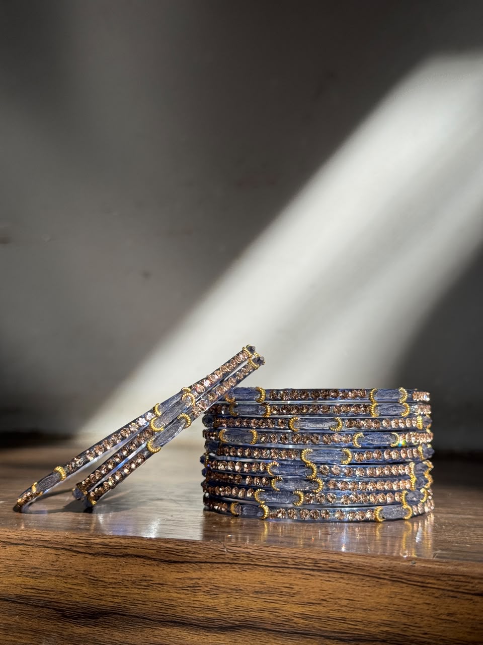 Indian Chaand Choori Glass bangles - Set of 12 | Golden Champagne Stones | Glass Bangles for Eid & Wedding