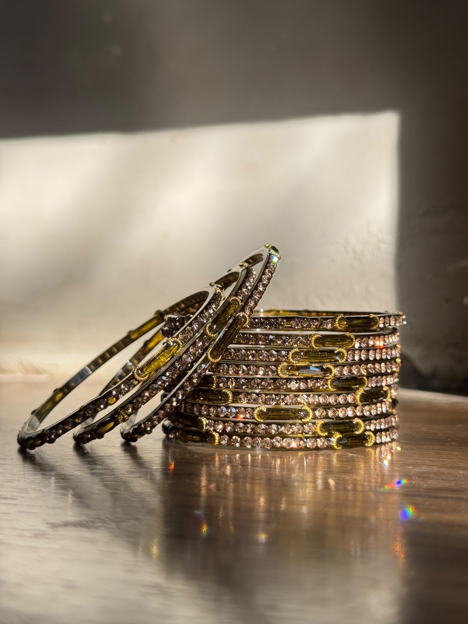 Indian Chaand Choori Glass bangles - Set of 12 | Golden Champagne Stones | Glass Bangles for Eid & Wedding