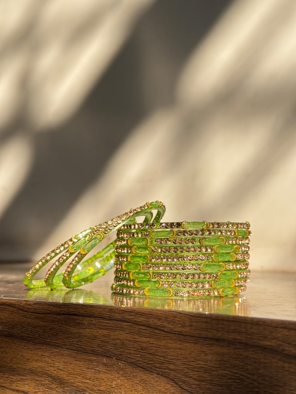 Indian Chaand Choori Glass bangles - Set of 12 | Golden Champagne Stones | Glass Bangles for Eid & Wedding