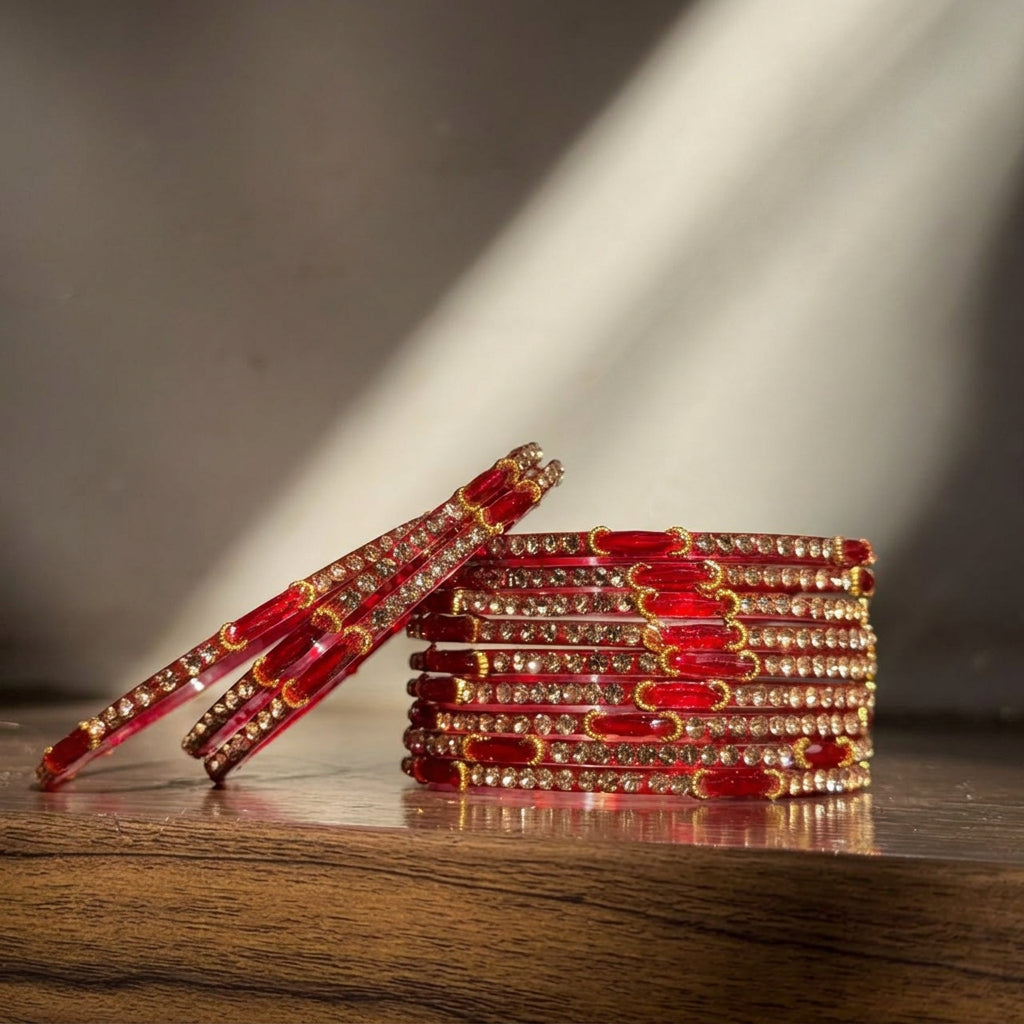 Indian Chaand Choori Glass bangles - Set of 12 | Golden Champagne Stones | Glass Bangles for Eid & Wedding