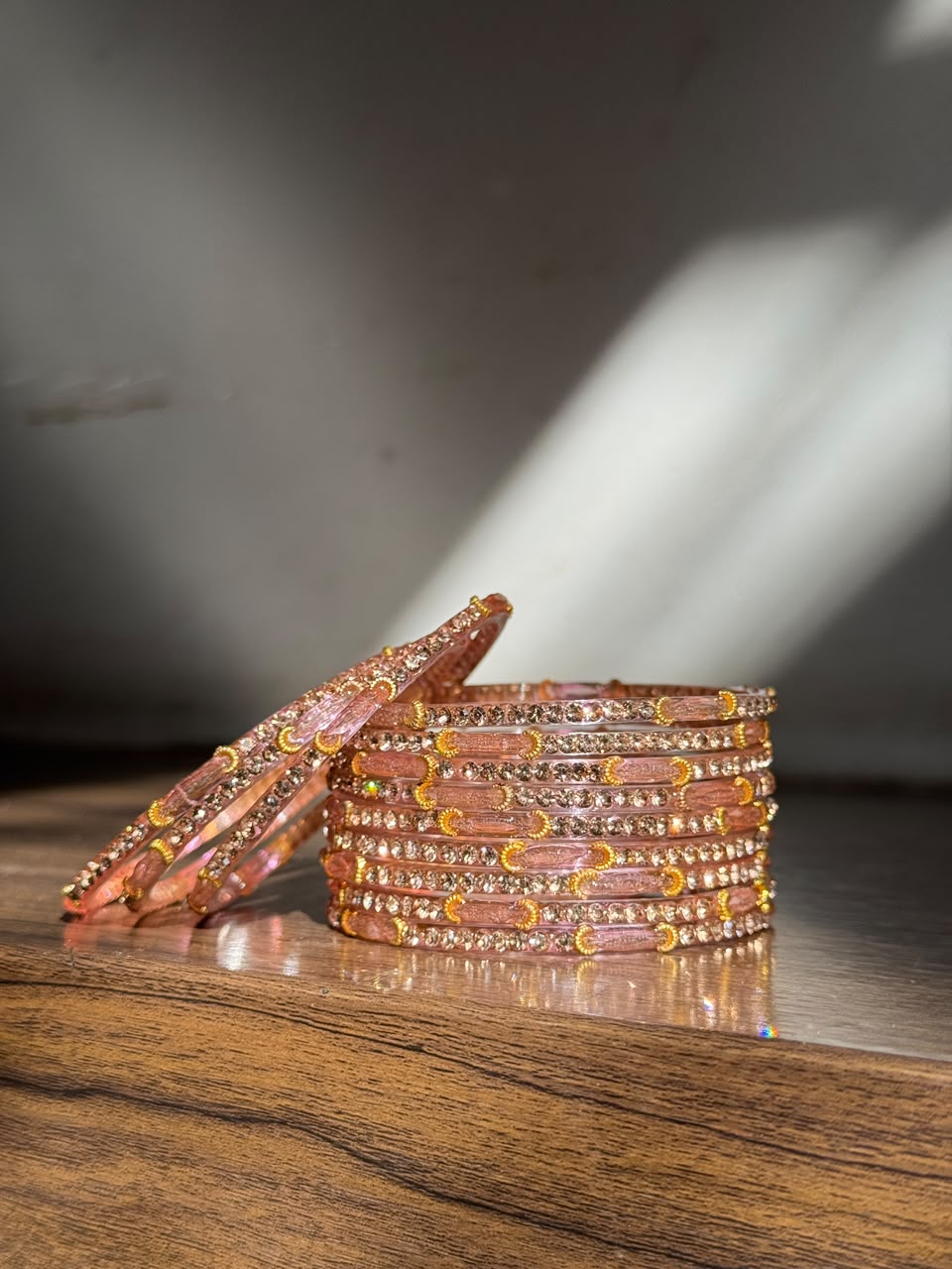 Indian Chaand Choori Glass bangles - Set of 12 | Golden Champagne Stones | Glass Bangles for Eid & Wedding