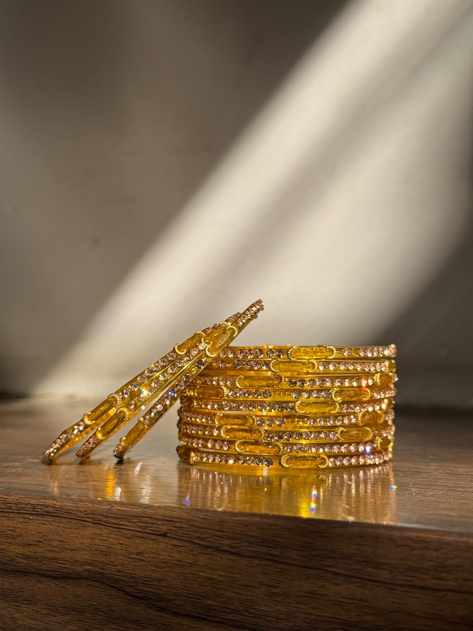 Indian Chaand Choori Glass bangles - Set of 12 | Golden Champagne Stones | Glass Bangles for Eid & Wedding