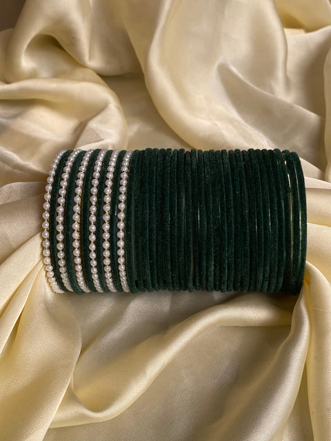 Velvet Glass Bangles with Pearl Detailing – Elegant Green Set