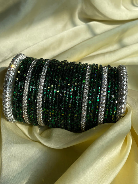 Glass Bangles with Silver Metal Kara & Stones – Sparkling Green Set